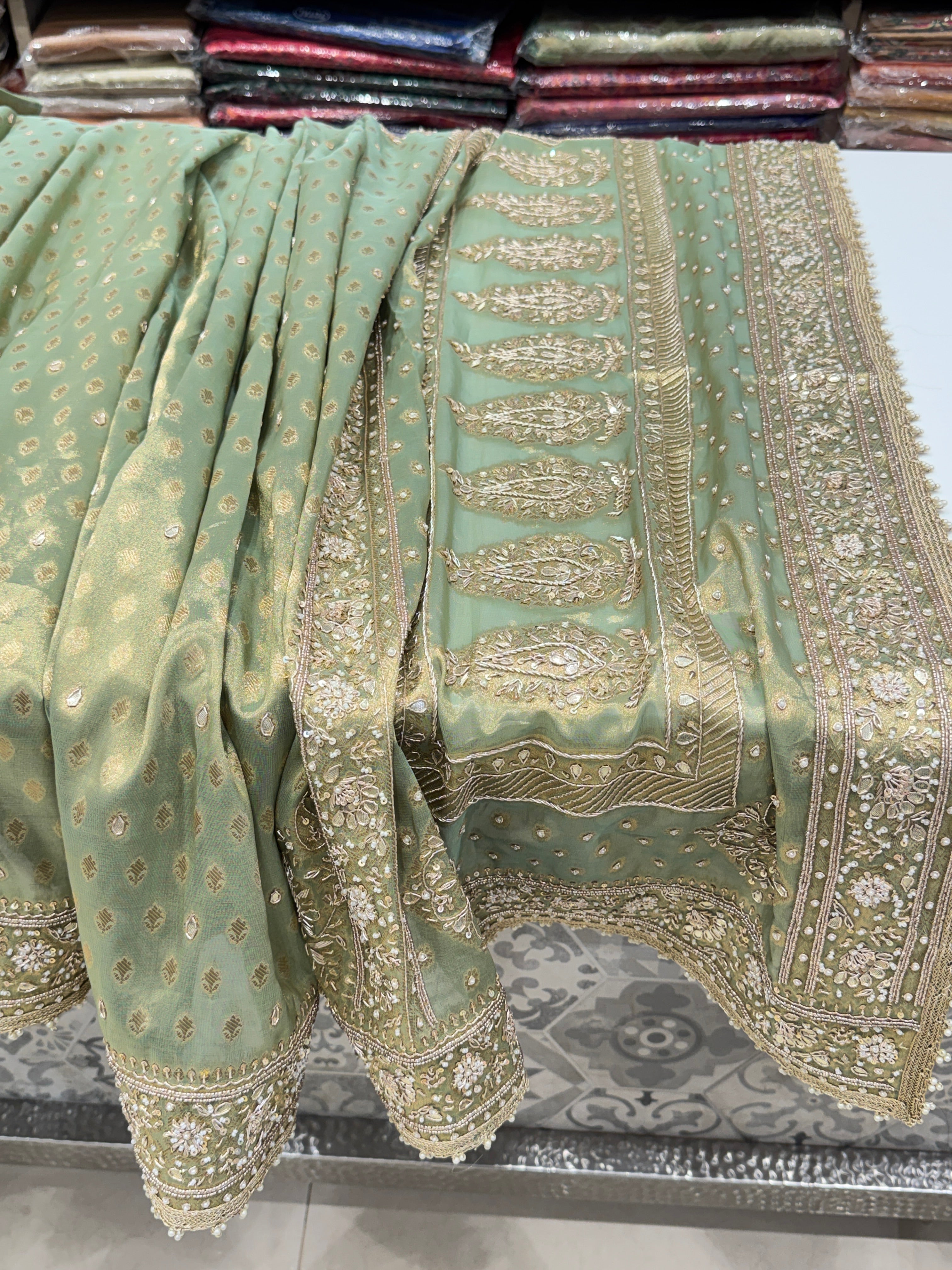 Pista Green Tissue Buttis Zardosi Gota Hand Embroidery Saree