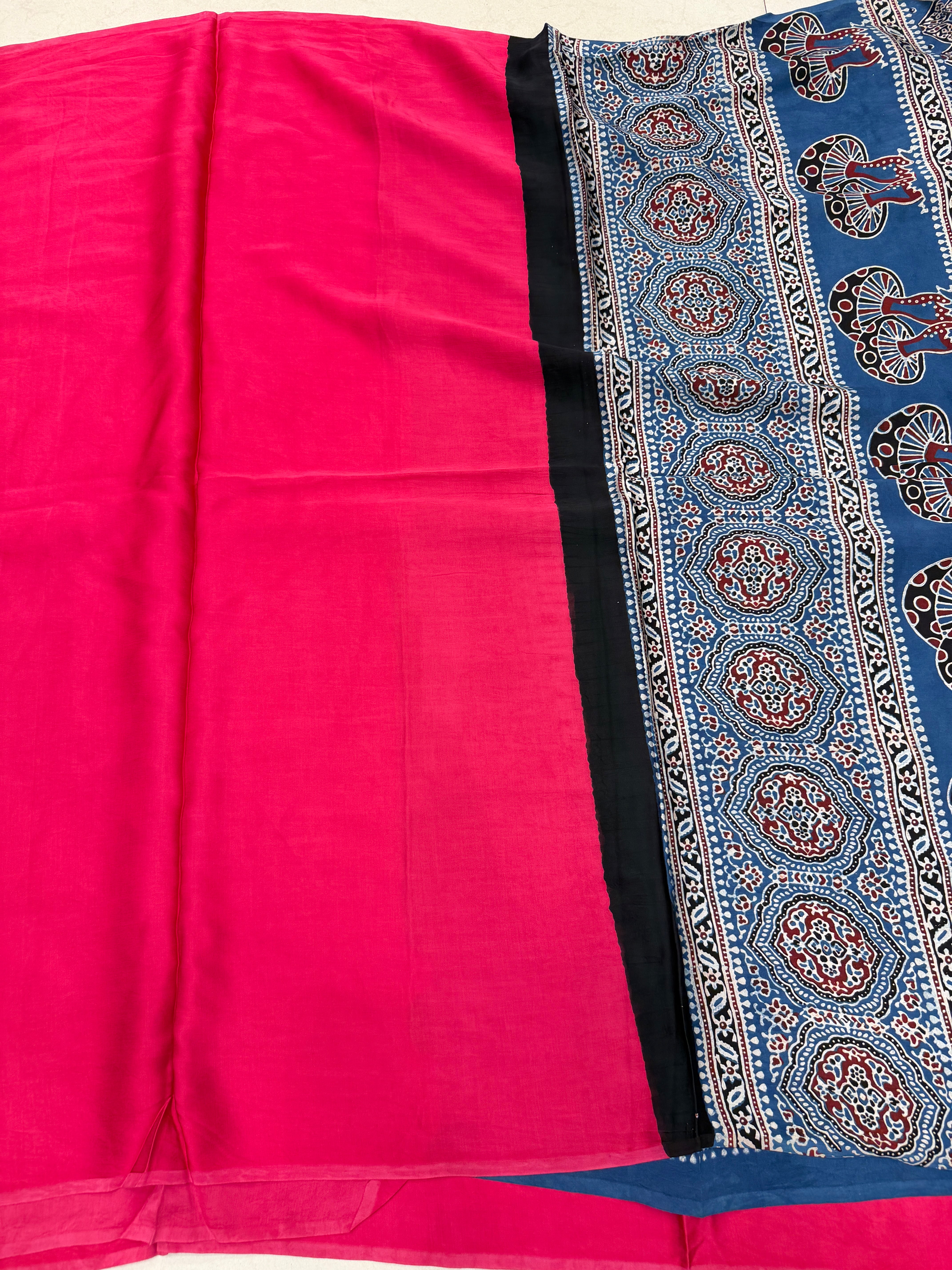 Rani Gala Ajrakh Block Print Hand Pure Gajji Silk Saree