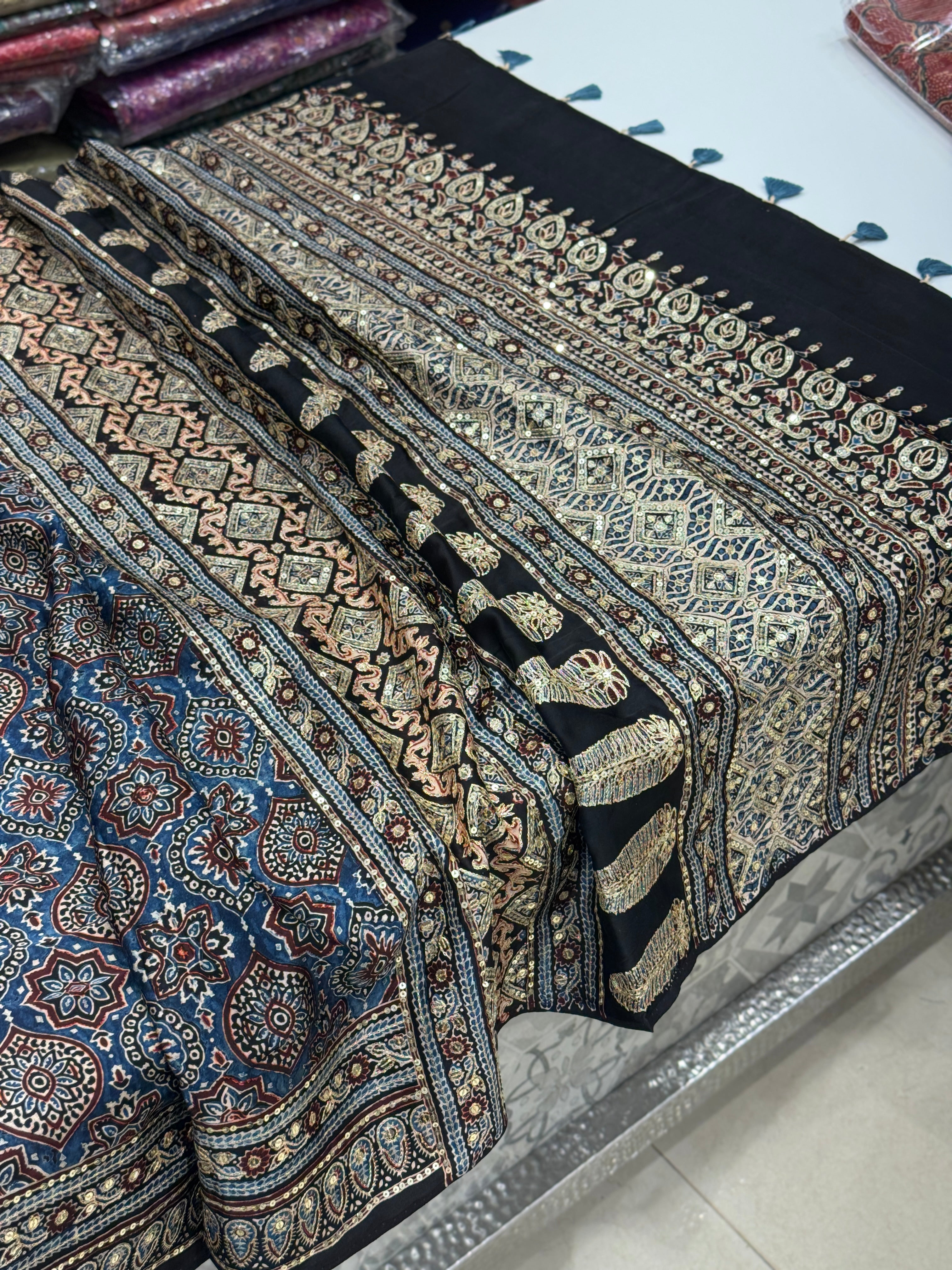 Blue Badam Jaal Pita Sequin Ajrakh Hand Embroidery Saree