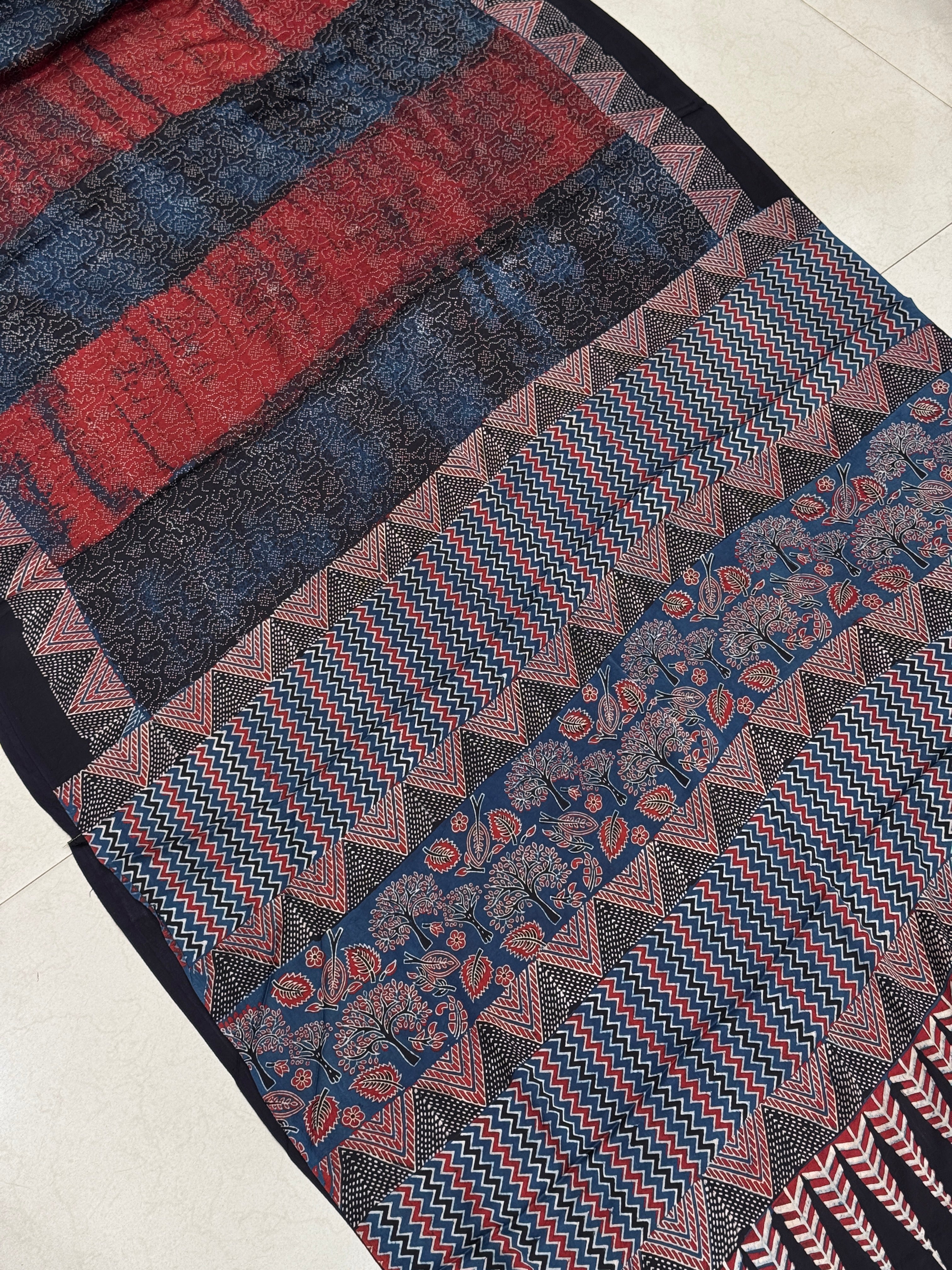 Red Contemporary Bandhej Style Hand Block Print Ajrkah Pure Gajji Silk Saree