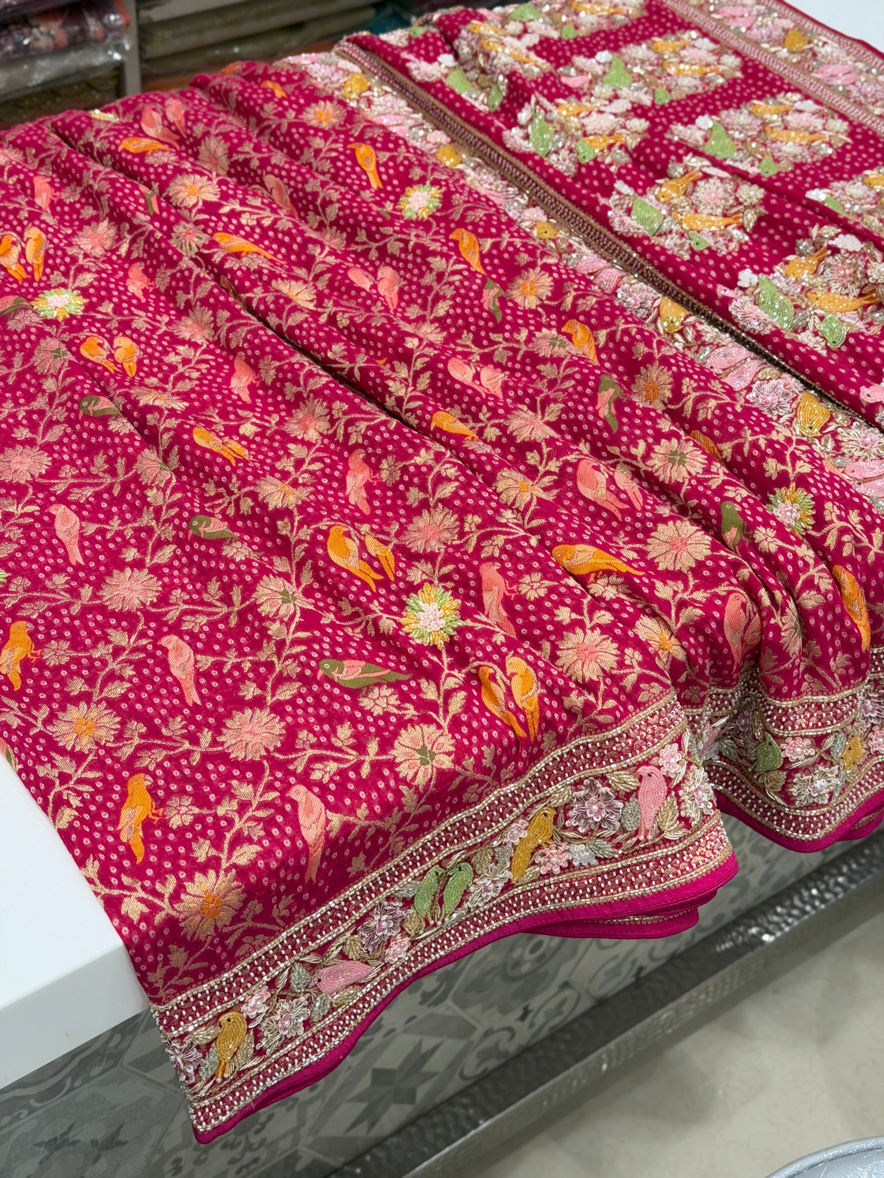 Rani Pink Weaved Bandhej Parrot Motifs Georgette Moti Zardodi Hand Embroidery Saree