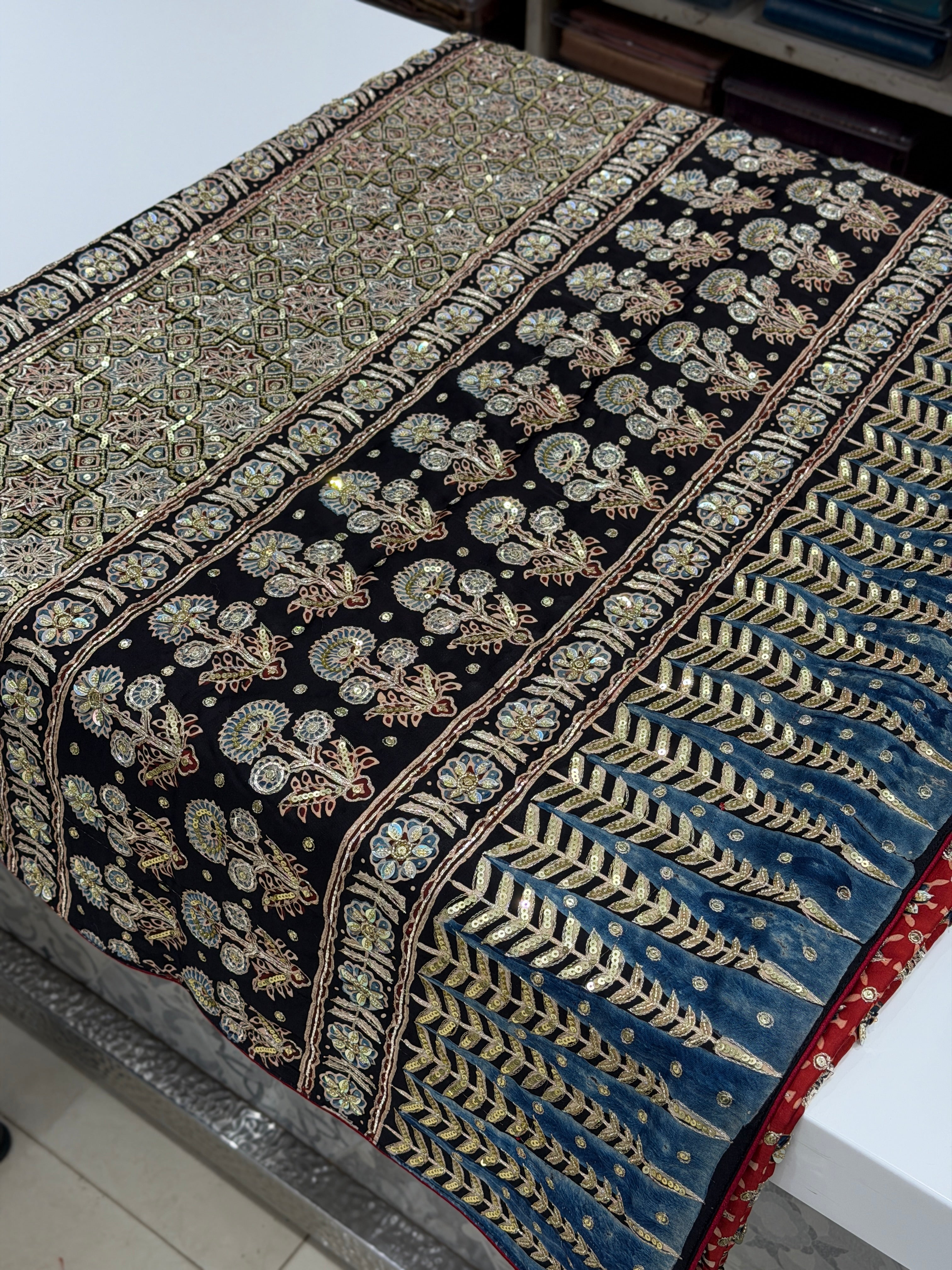 Red Black Jaal Pita Sequin Ajrakh Hand Embroidery Saree