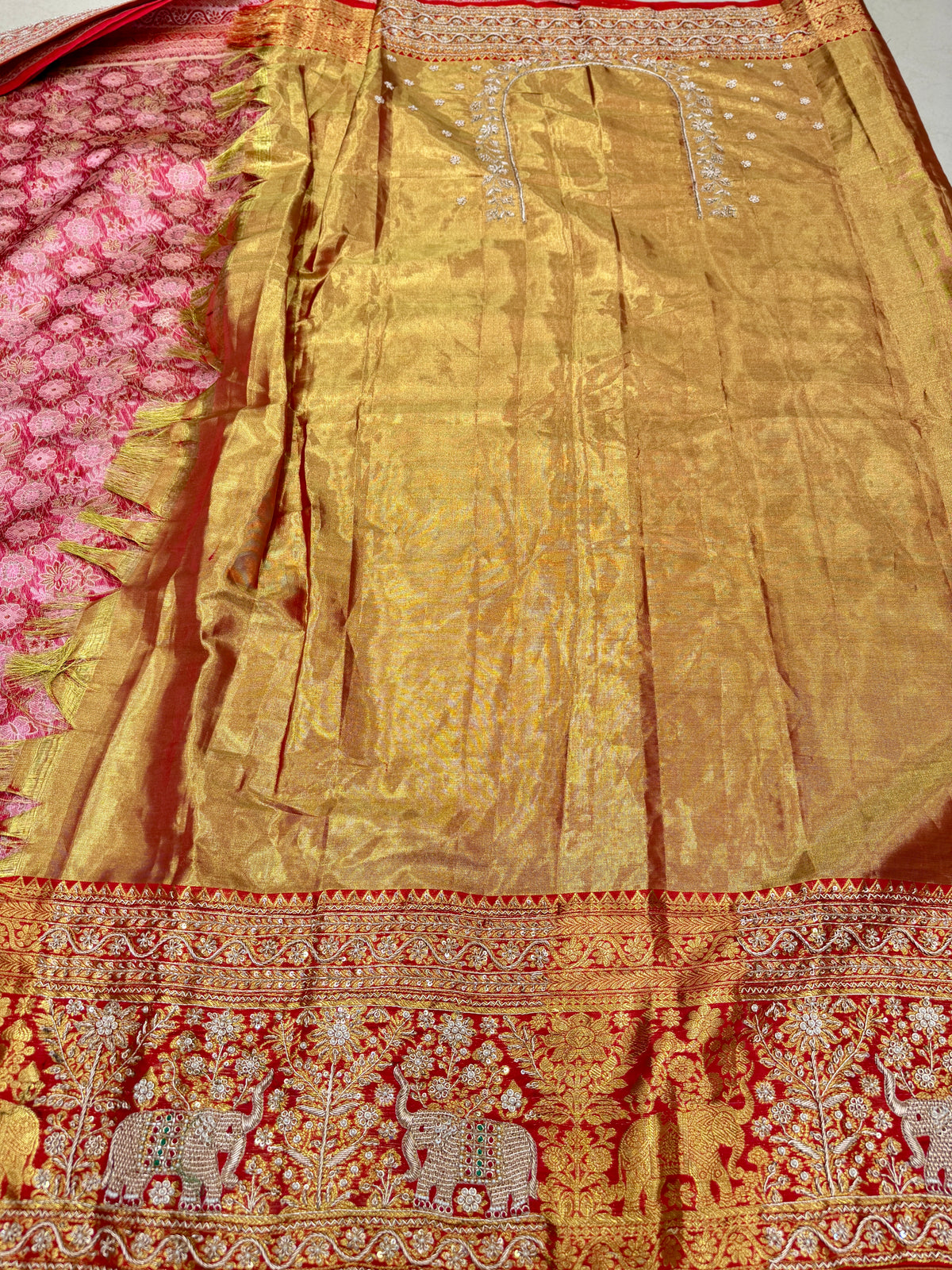 Light Pink Elephant Motif Meenakari Tissue Kanjivaram Zardosi Hand Embroidery Saree