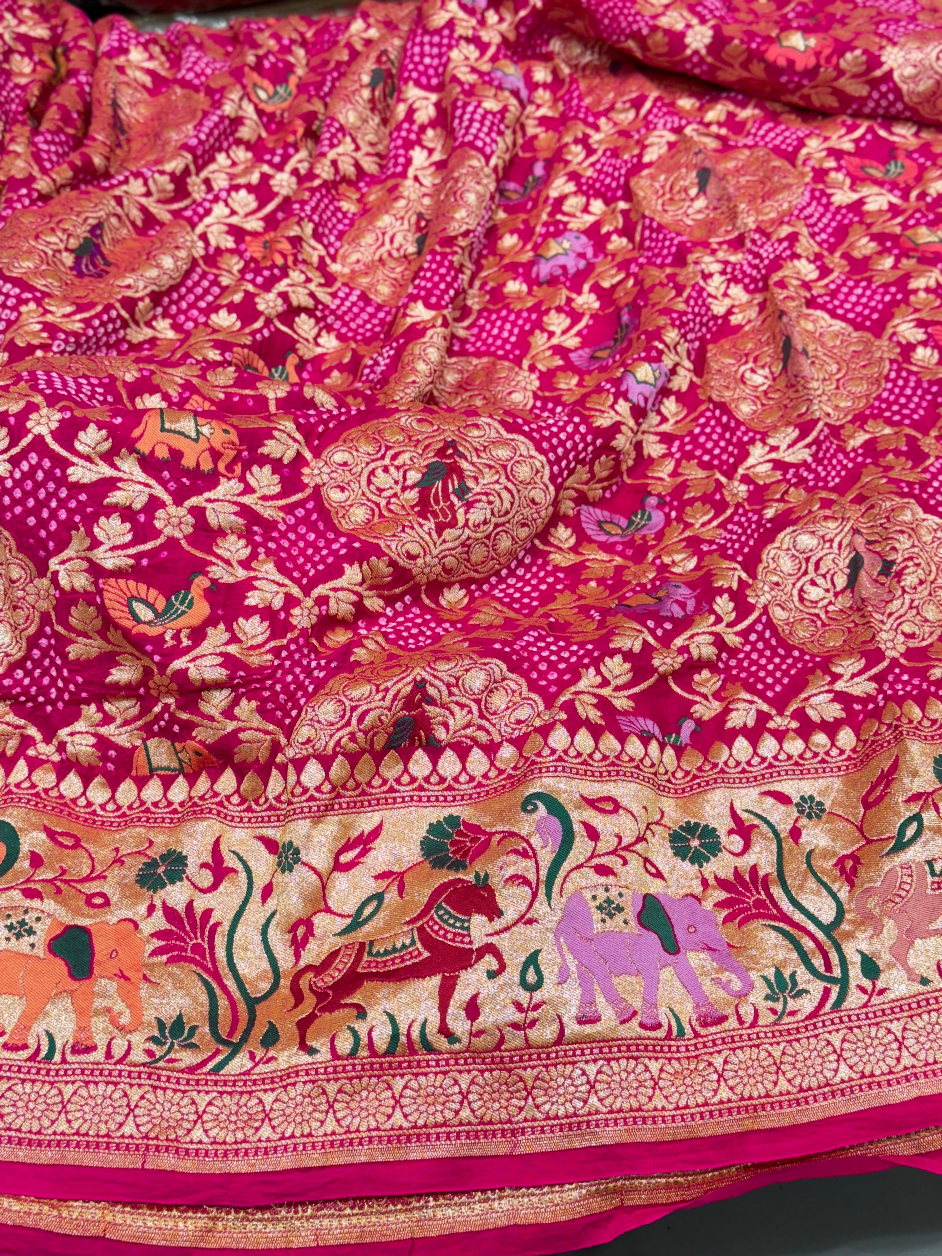 Rani Pink Luxury Bandhej Meenakari Saree