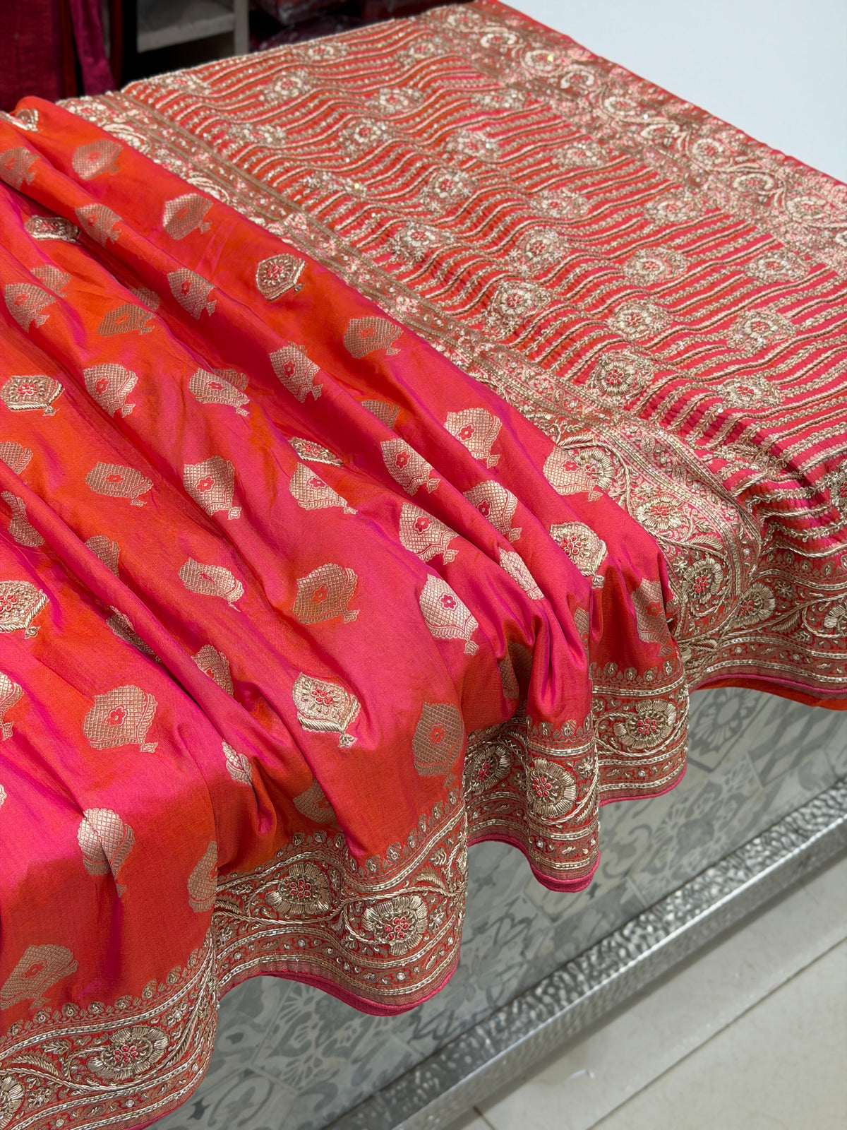 Cross Rani Handloom Banarasi Katan Silk Zardosi Hand Embroidery Saree