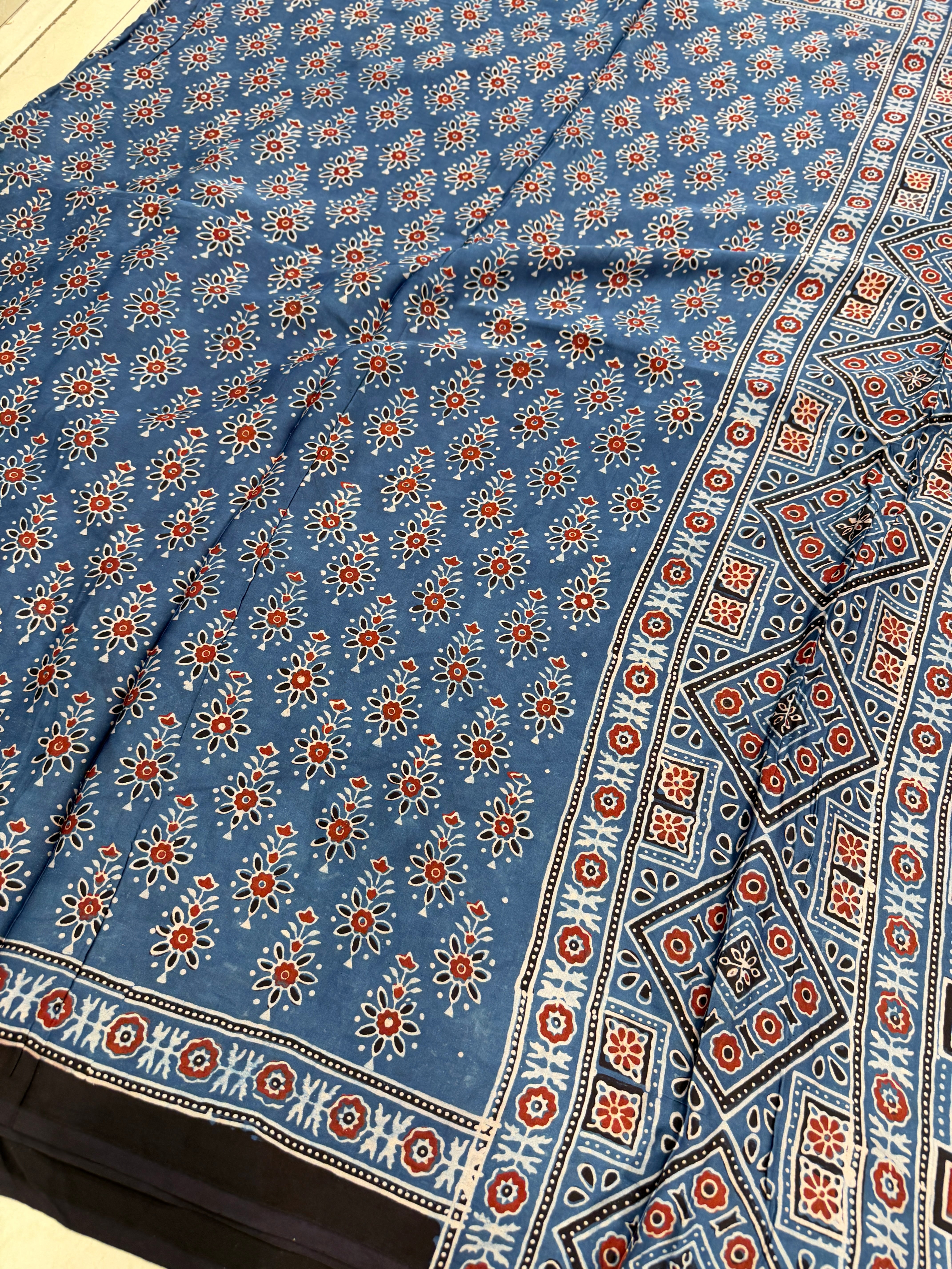 Blue Makkhi Buttis Ajrakh Hand Block Print Pure Gajji Silk Saree