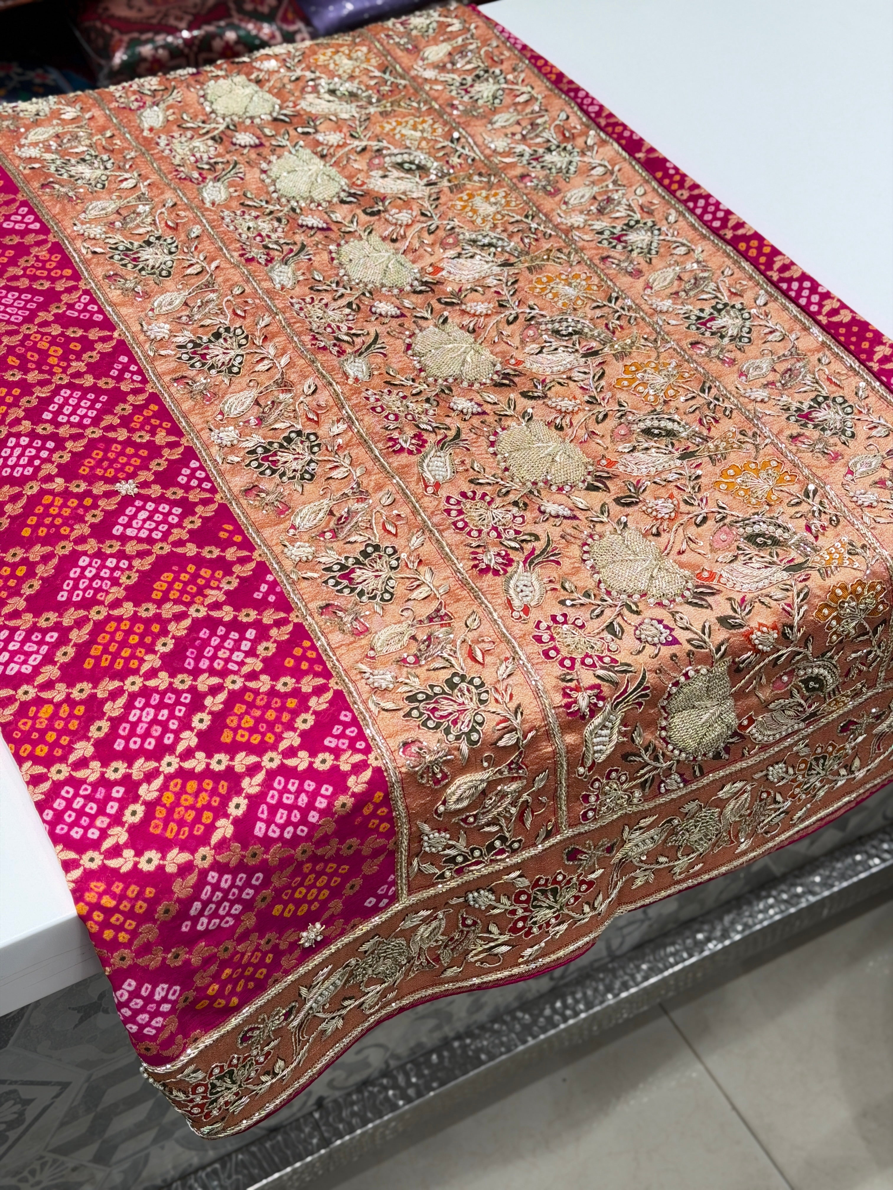 Rani Pink Meenakari Bandhej Zardosi Paithani Style Saree