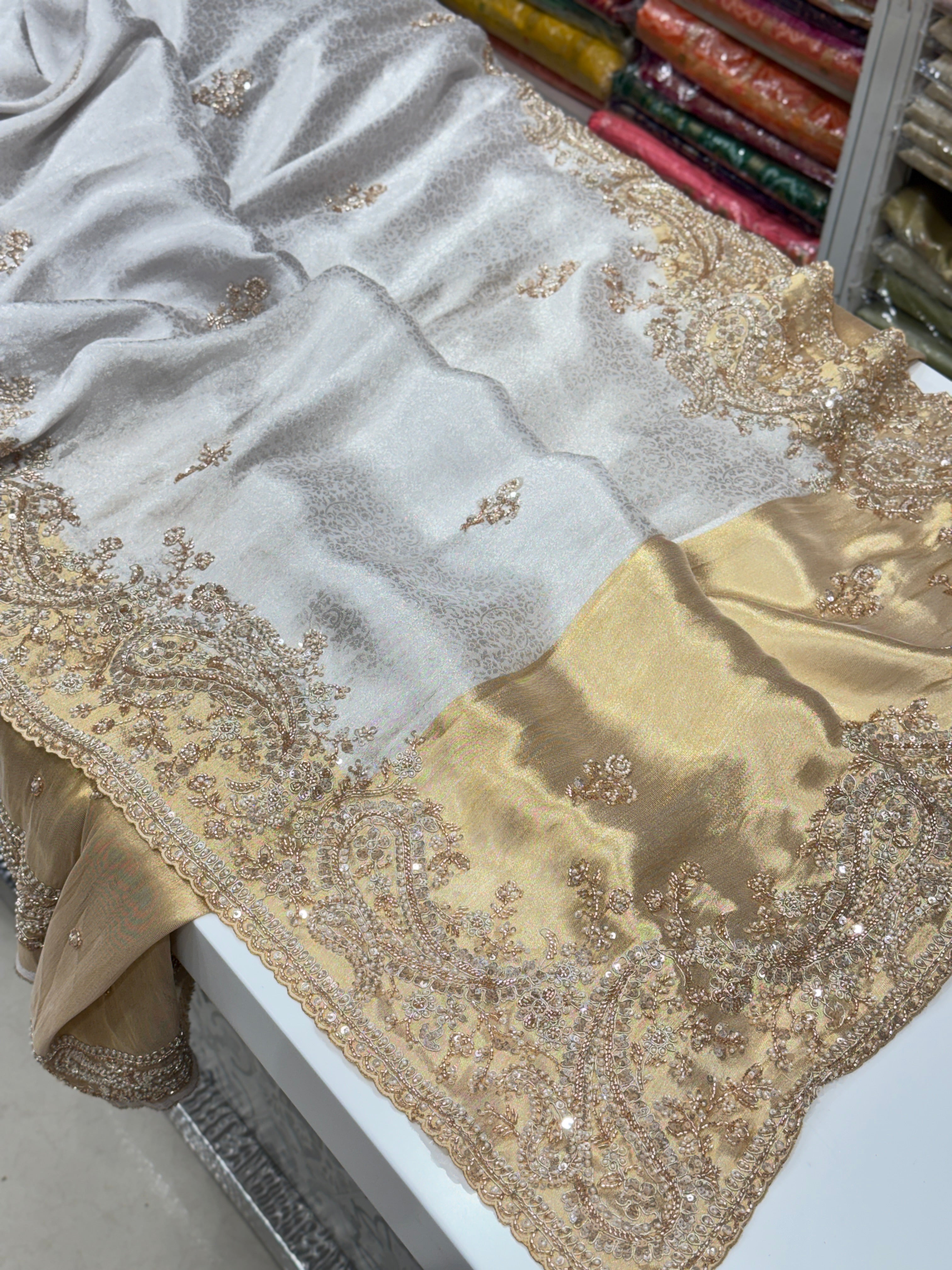 Silver Gold Floral Weave Soft Silk Moti Crystal Embroidery Saree