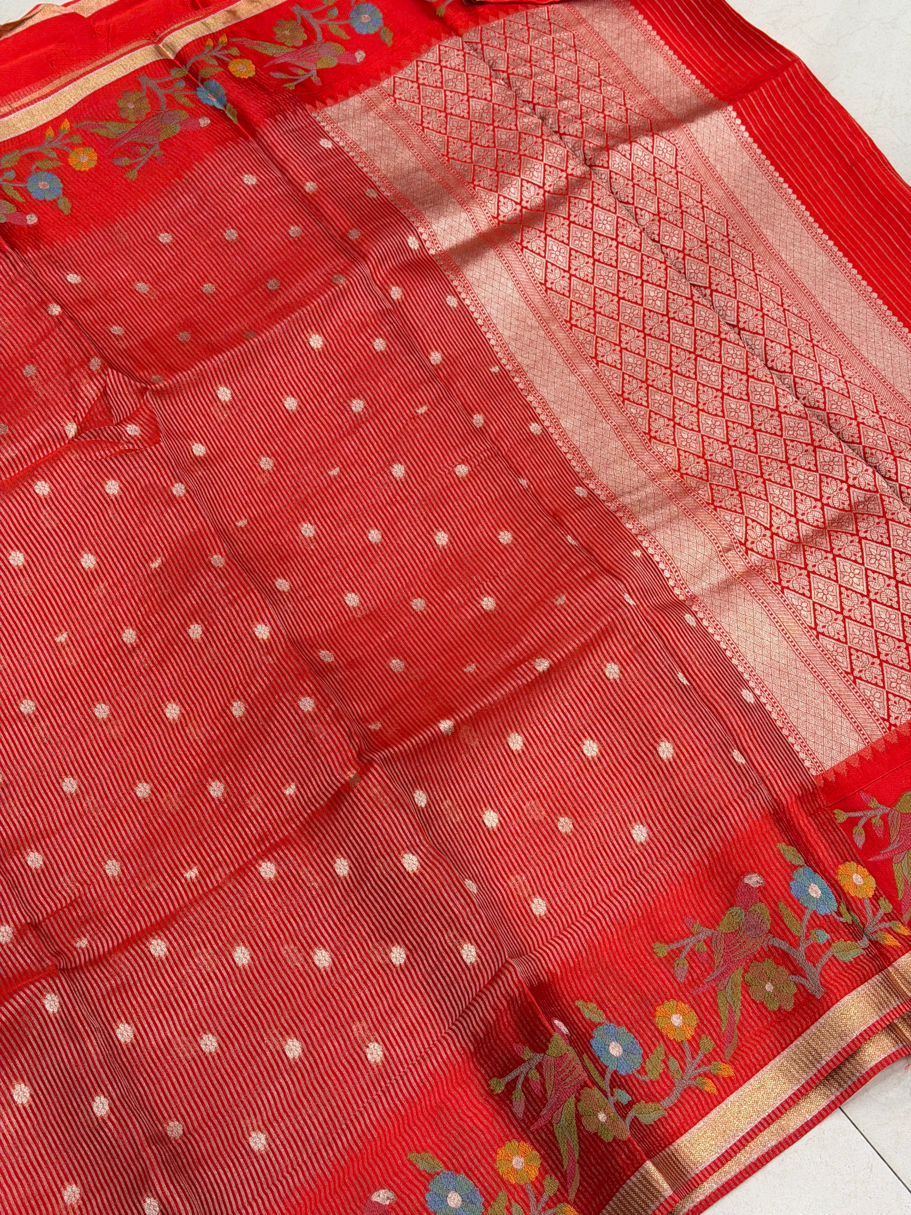Red Contemporary Tissue Parsi Petit Point Weaved Saree