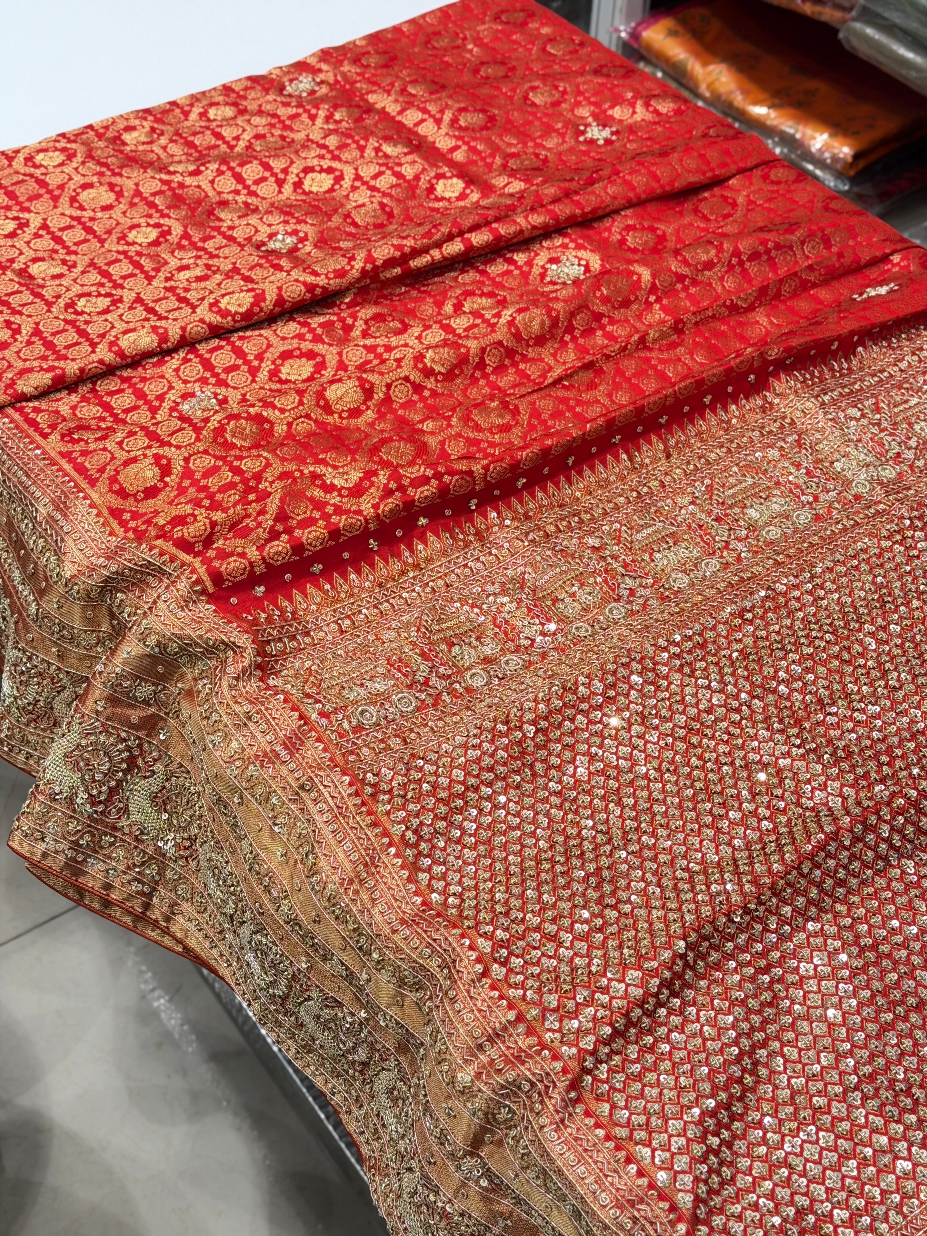 Red Kanjivaram Peacock Motif Hand Embroidery Zardosi Saree