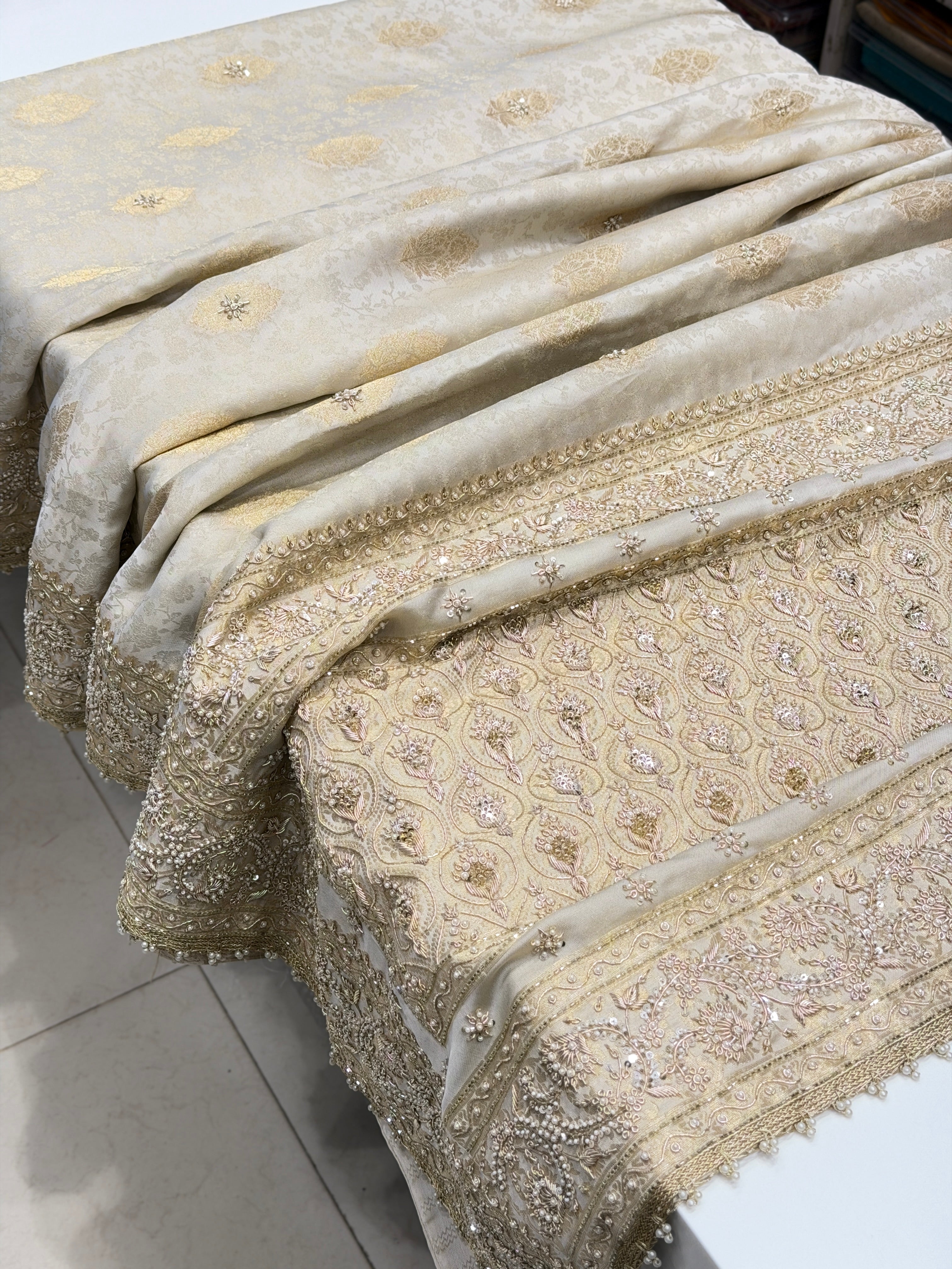 Creme Jaquard Weave Satin Zardosi Hand Embroidery Saree