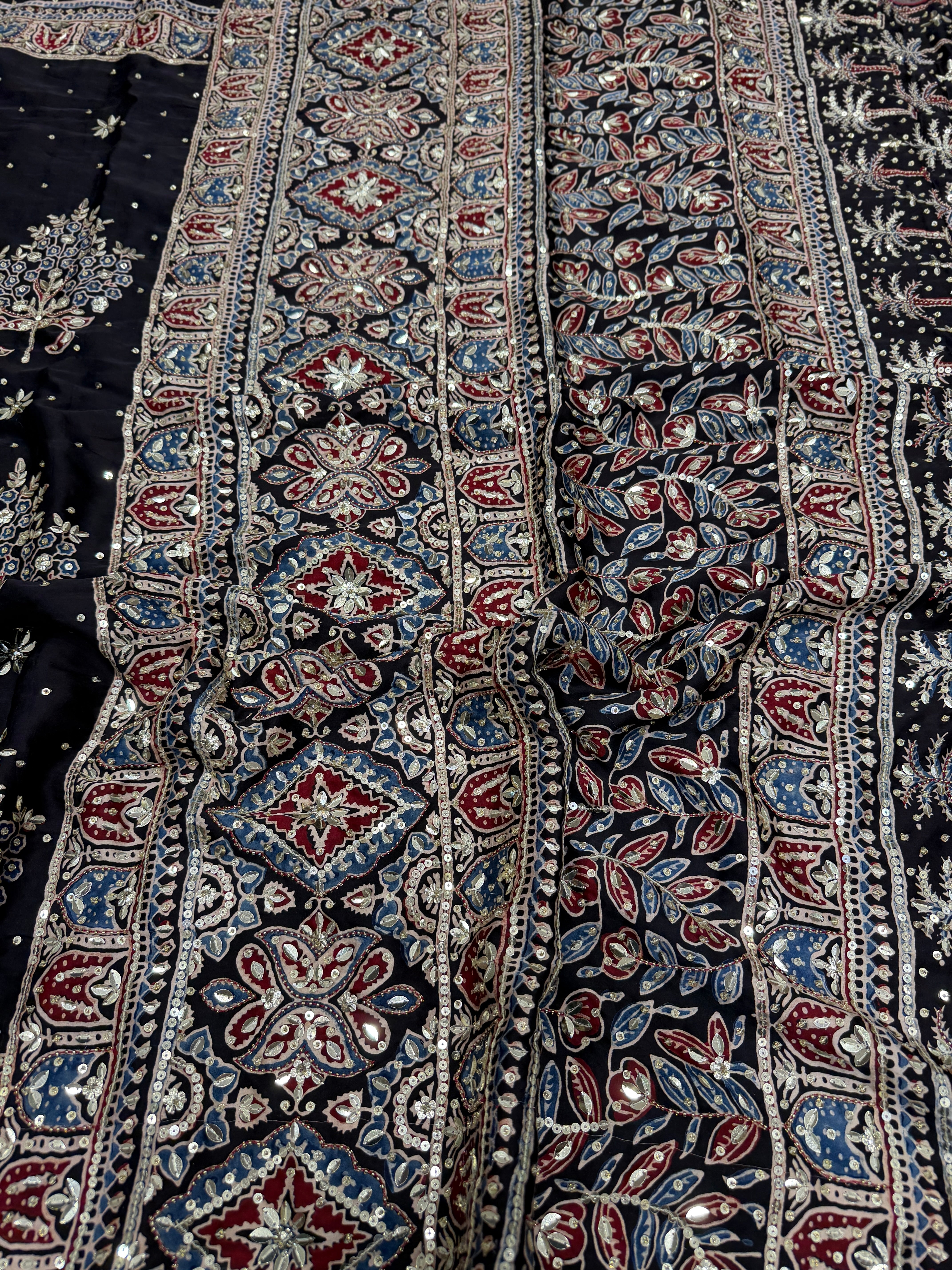 Black Tree Buttas Ajrakh Sequin Moti Hand Embroidery Saree