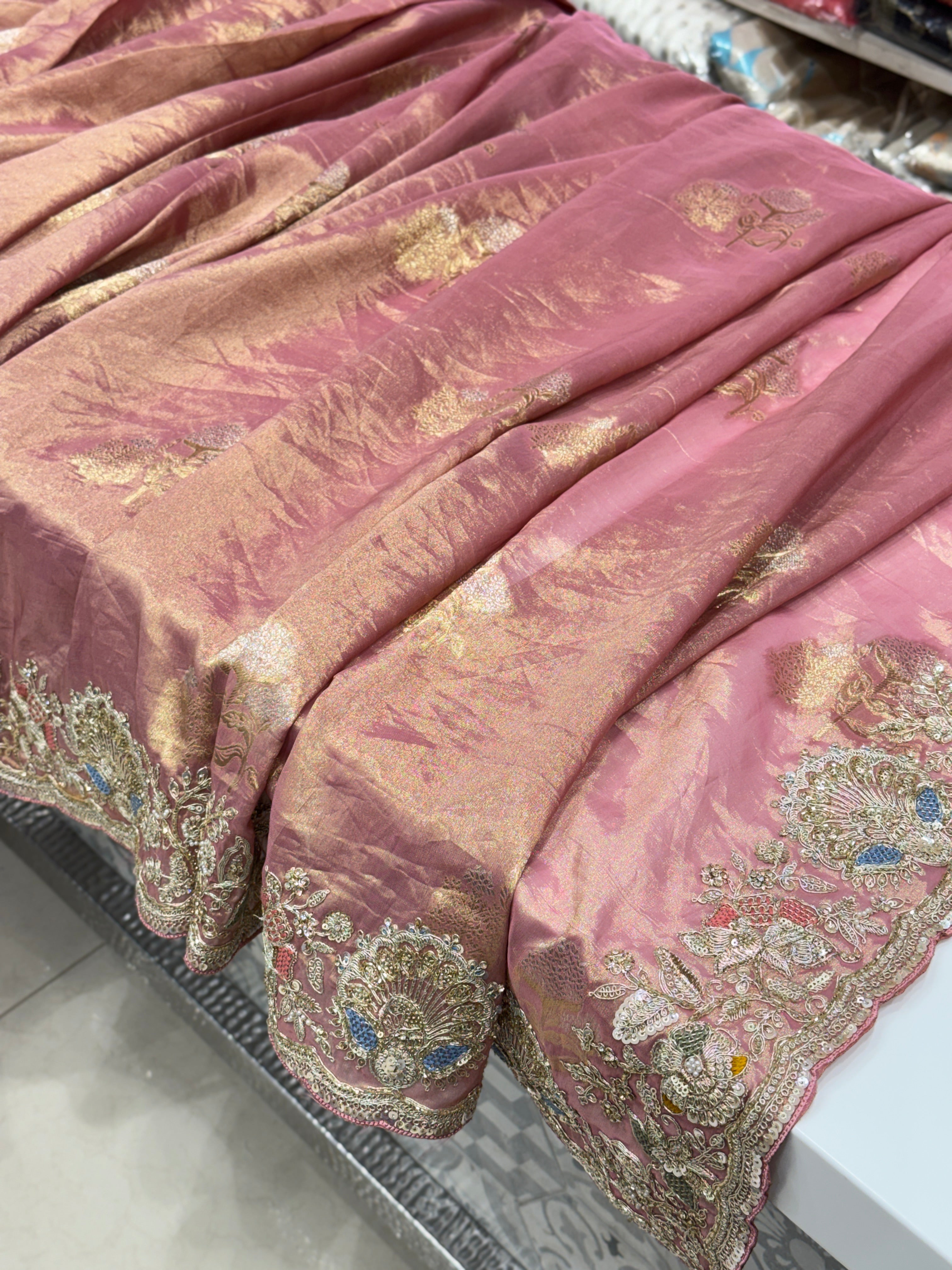 Pink Tissue Weaved Embroidery Saree