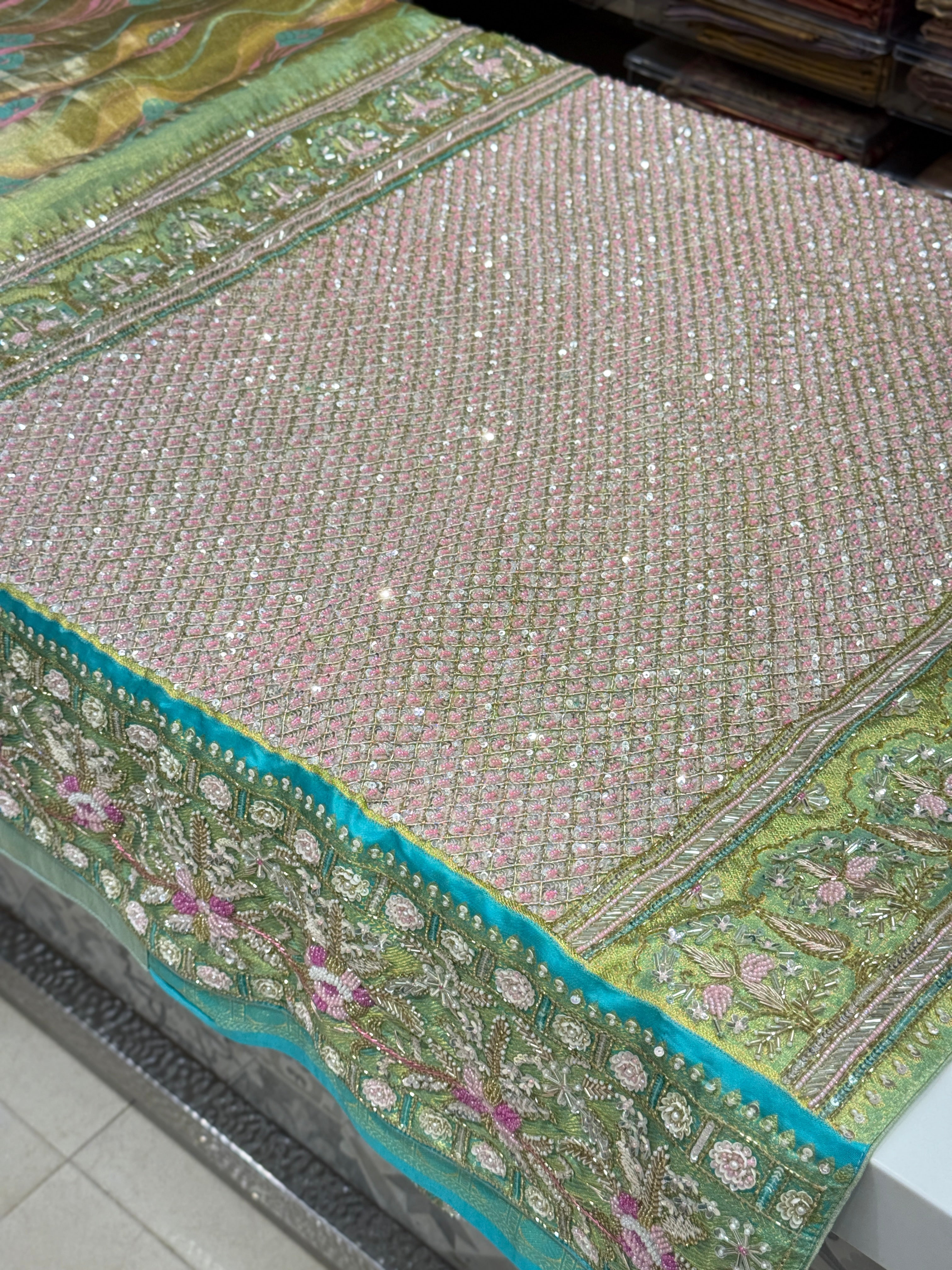 Green Meenakari Tissue Kanjivaram Hand Embroidery Saree