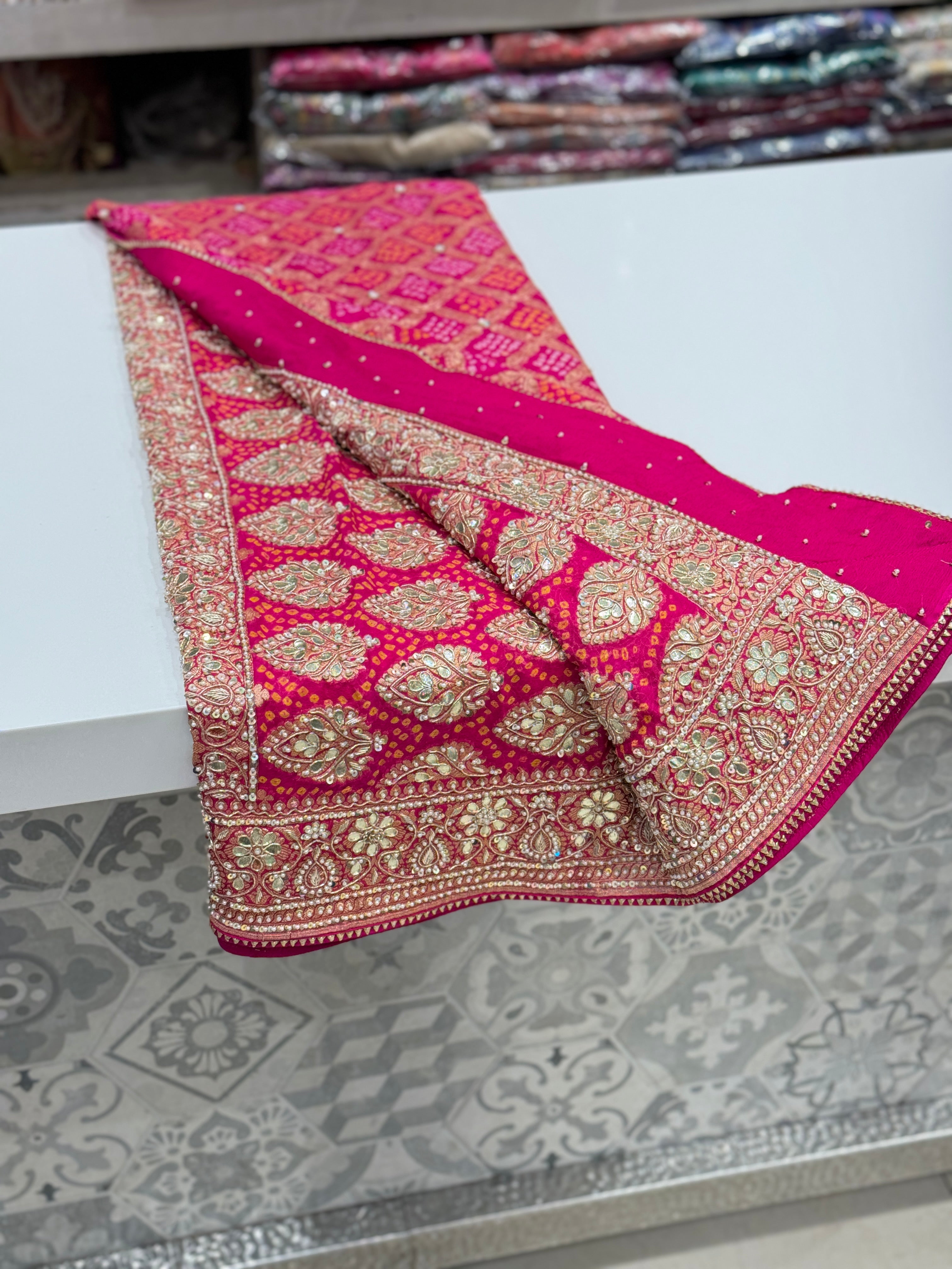 Rani Bandhej Zardosi Hand Embroidery Saree