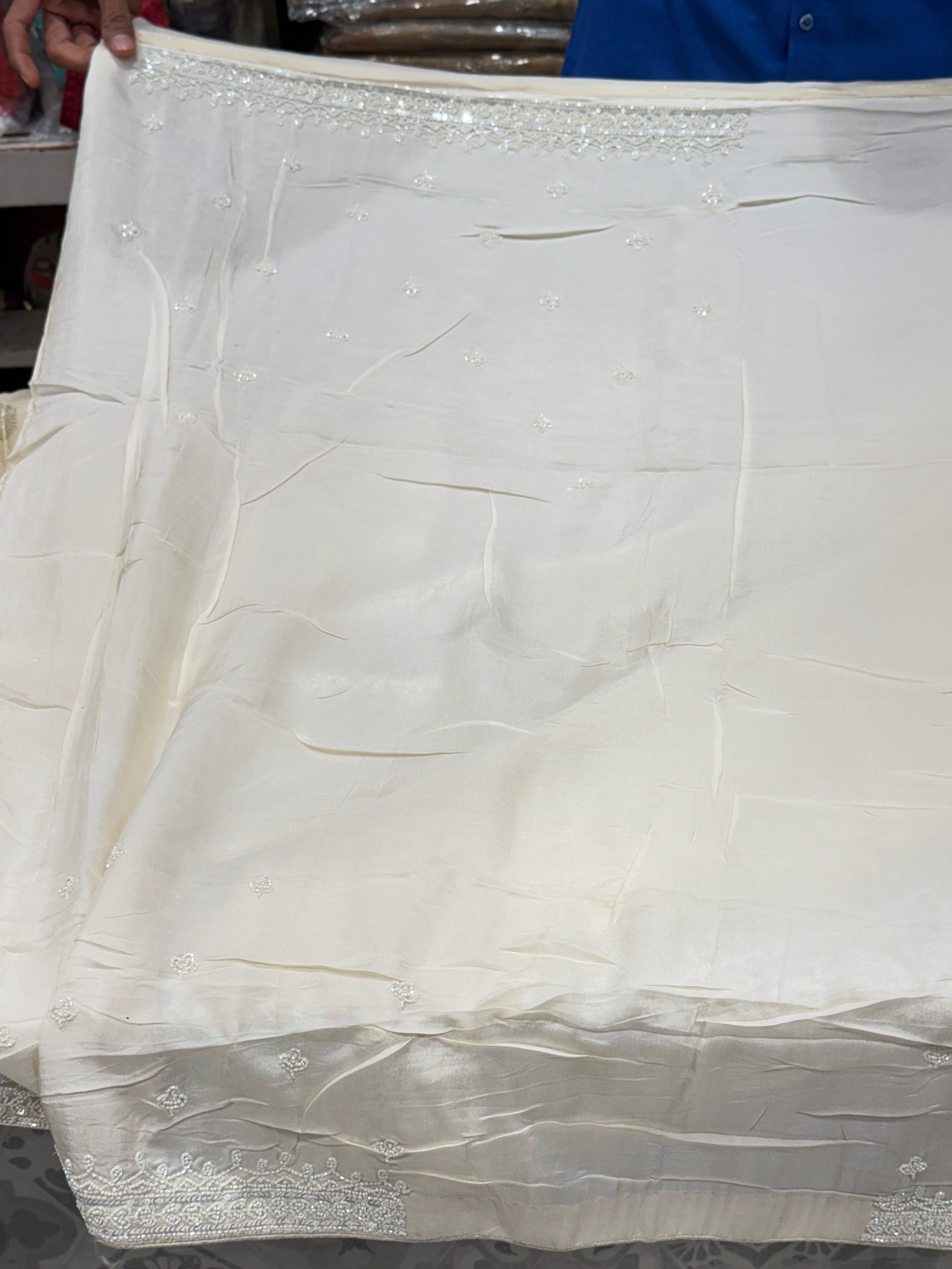 Moti White Satin Organza Moti Embroidery