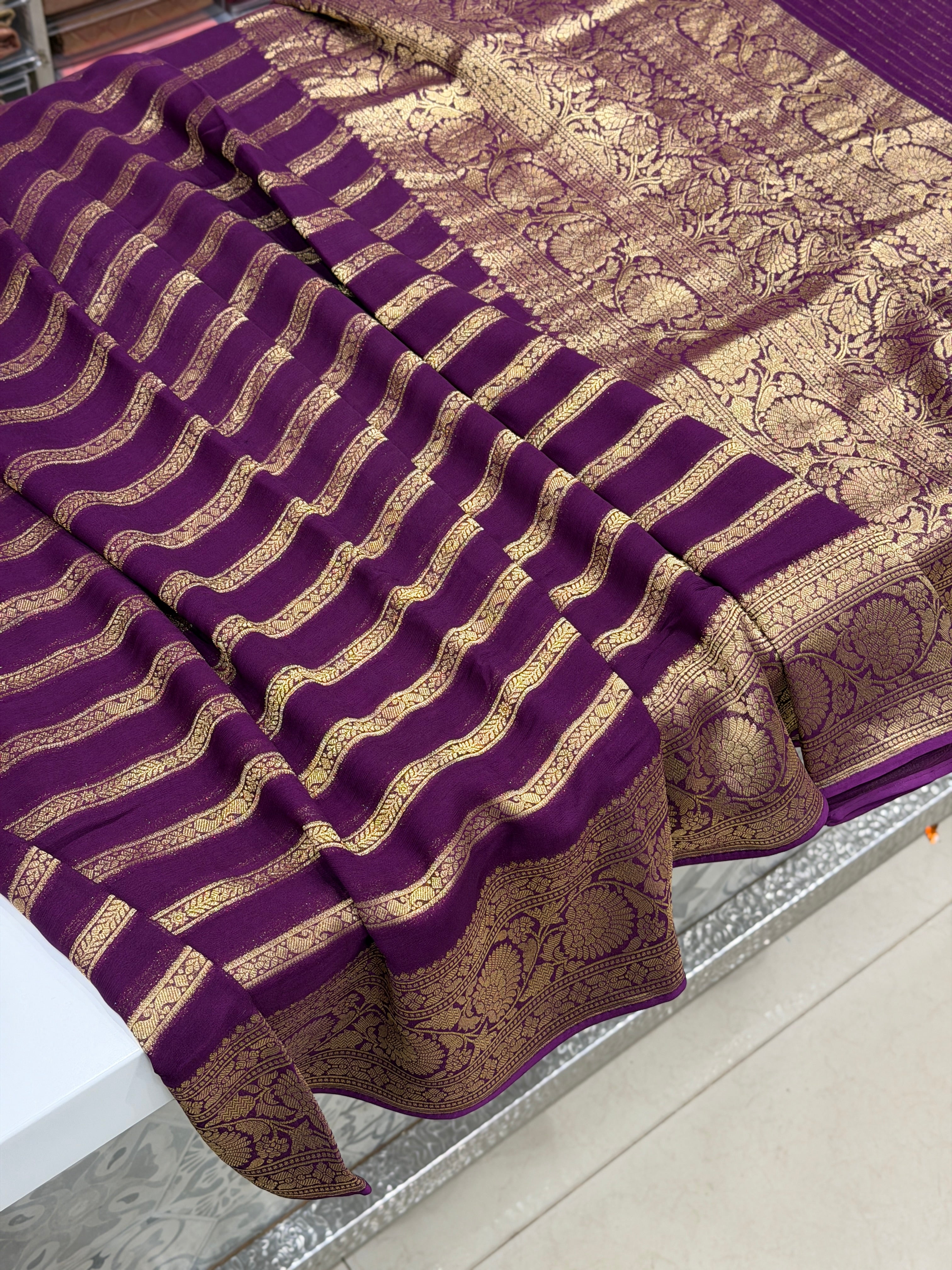 Wine Contemporary Leheriya Banarasi Khaddi Georgette Saree