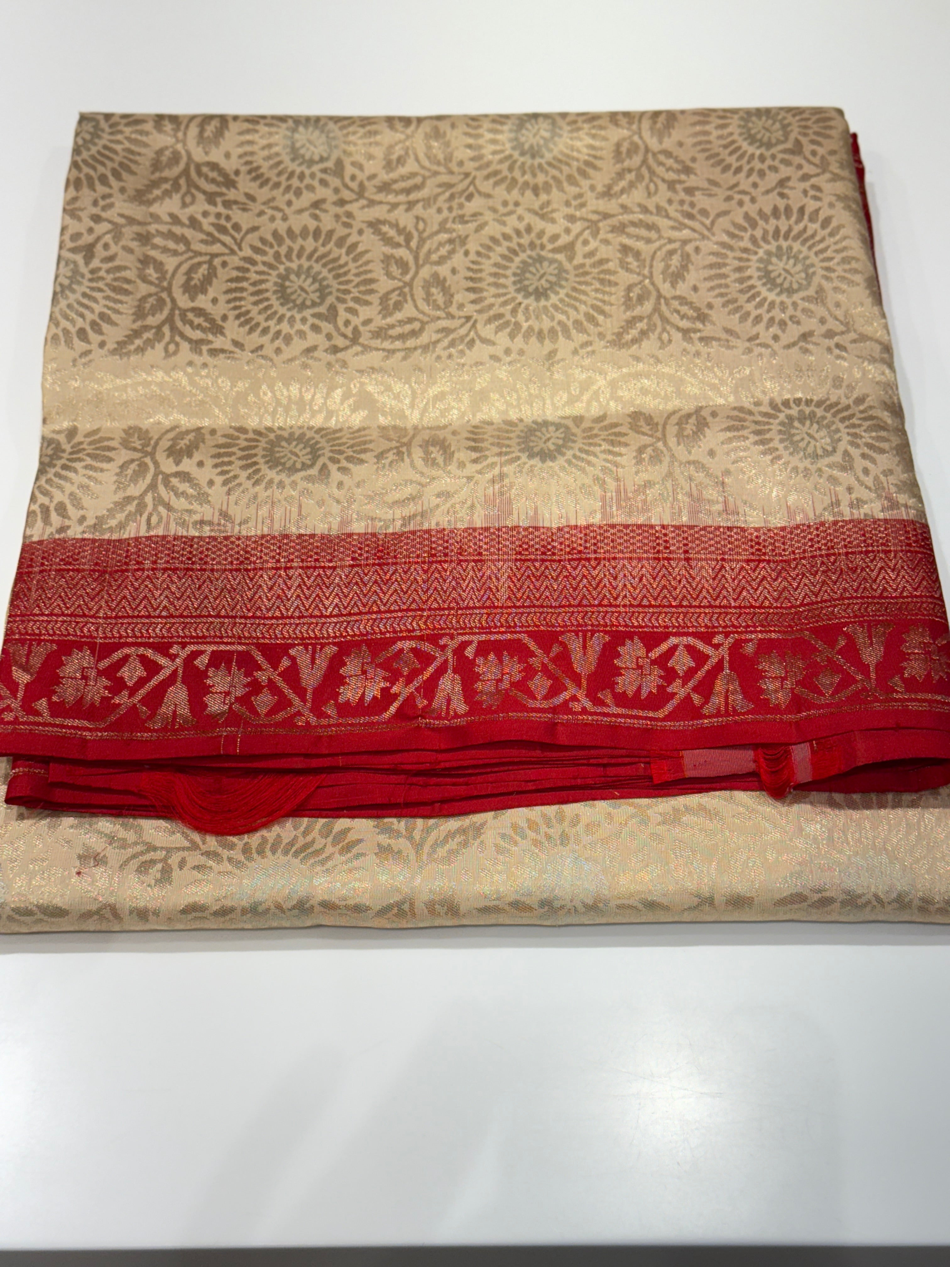 Beige Red Brocade Jaal Handloom Kanchipuram Pure Silk Saree