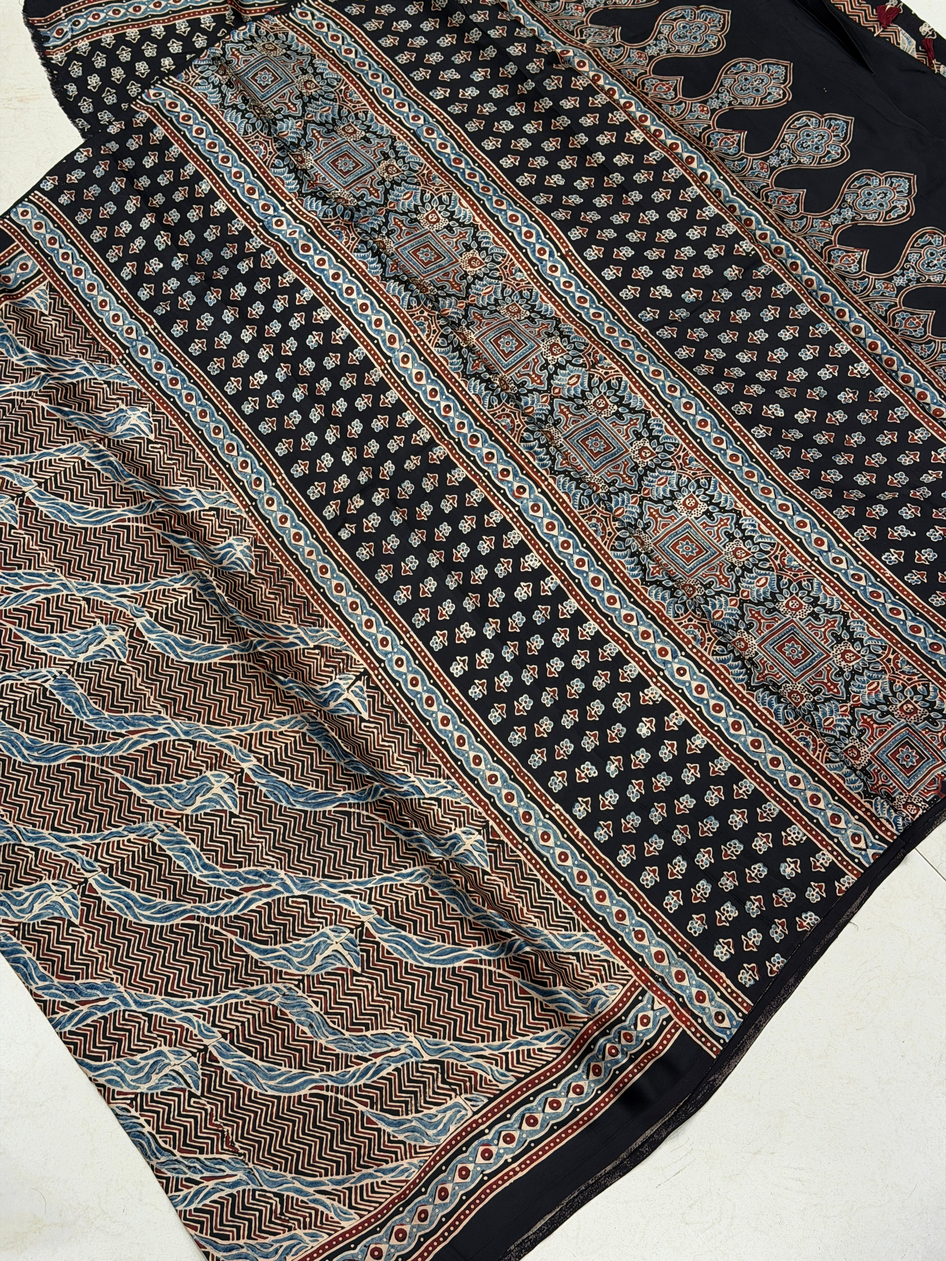 Black Blue Modern Style Ajrakh Hand Block Print Pure Modal Silk Saree