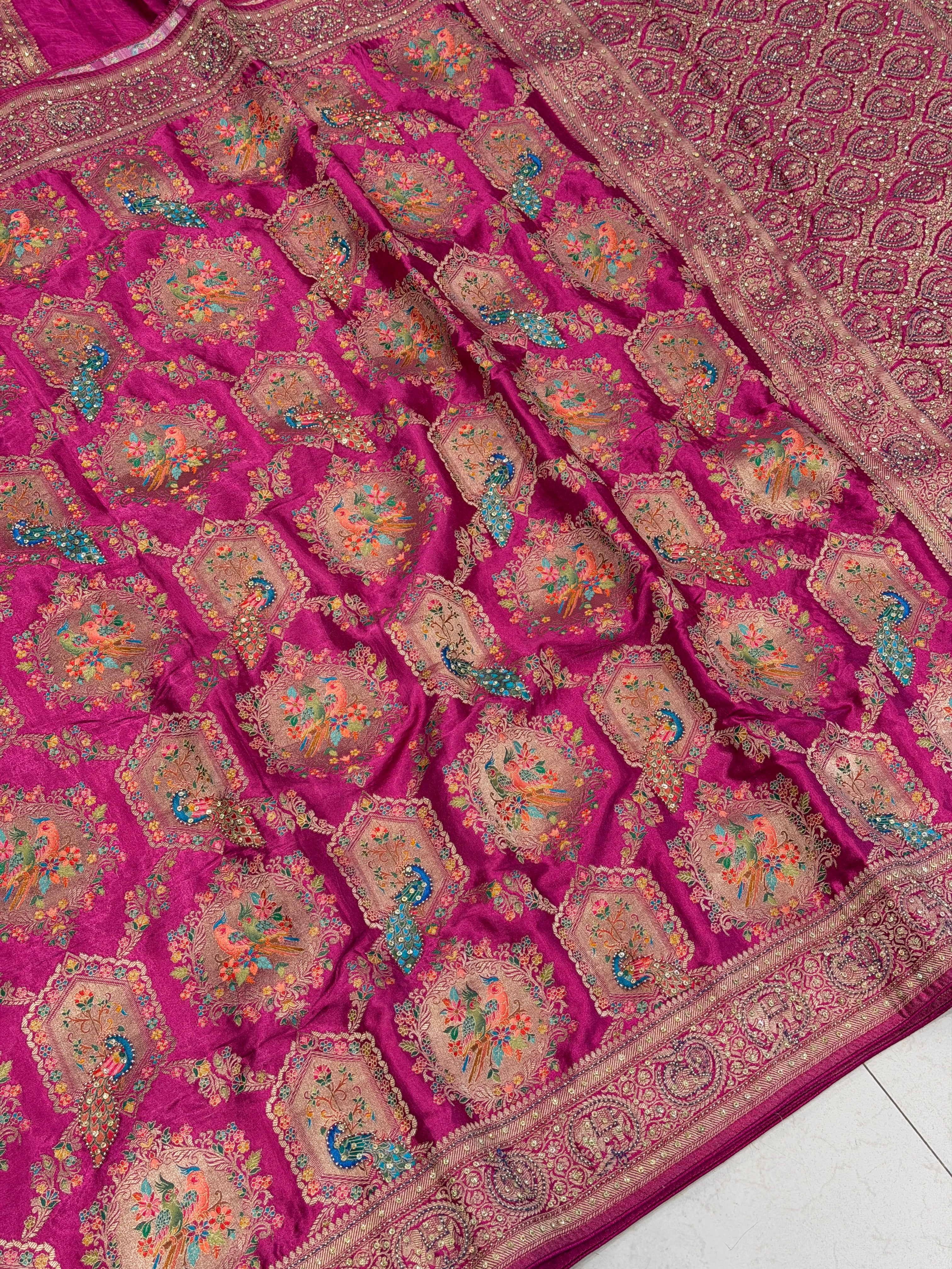 Wine Banarasi Modal Peacock Motif Kutchi Hand Embroidery Saree