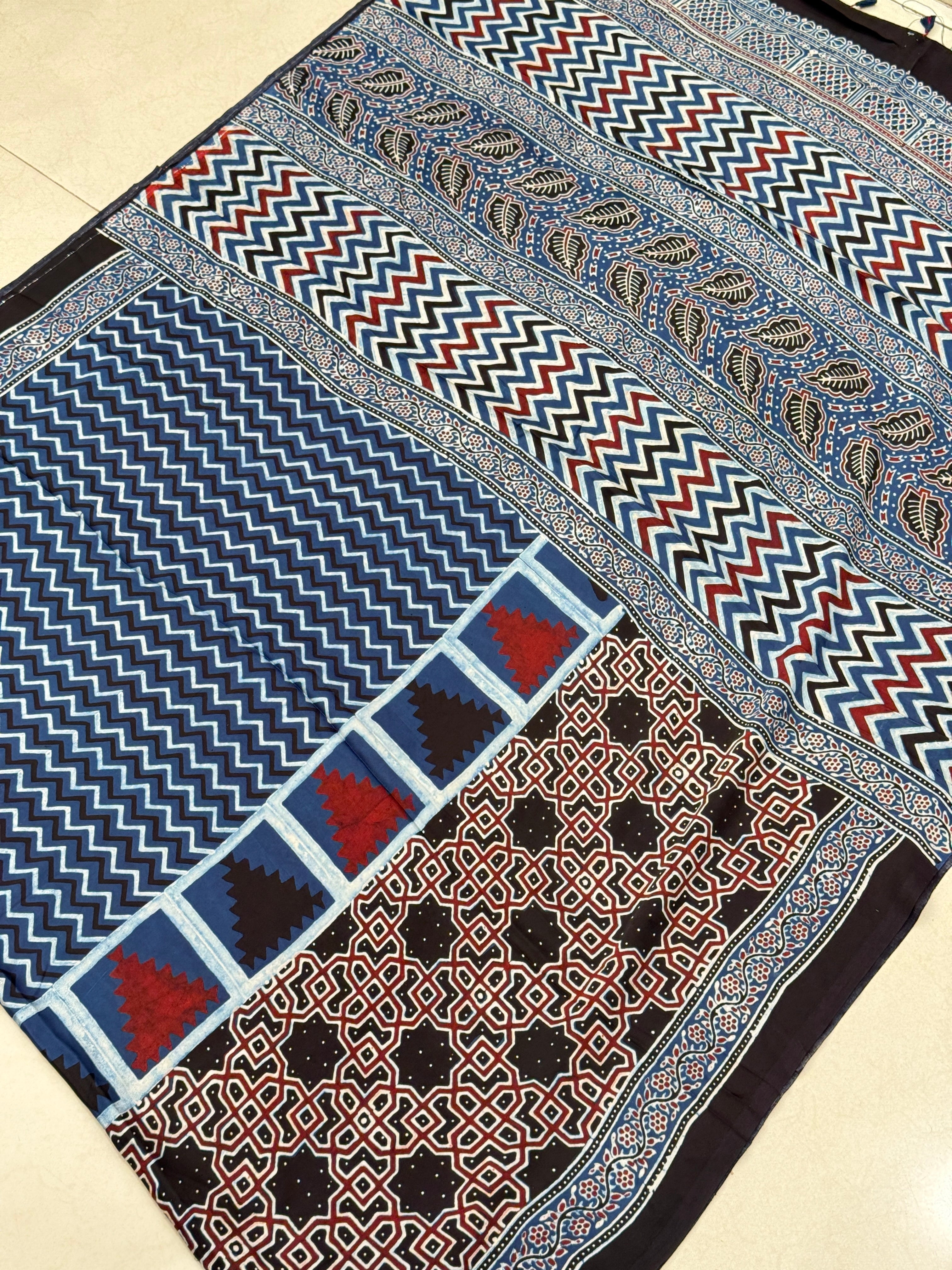 Blue Zig Zag Pallu Contemporary Modal Gajji Silk Ajrakh Saree
