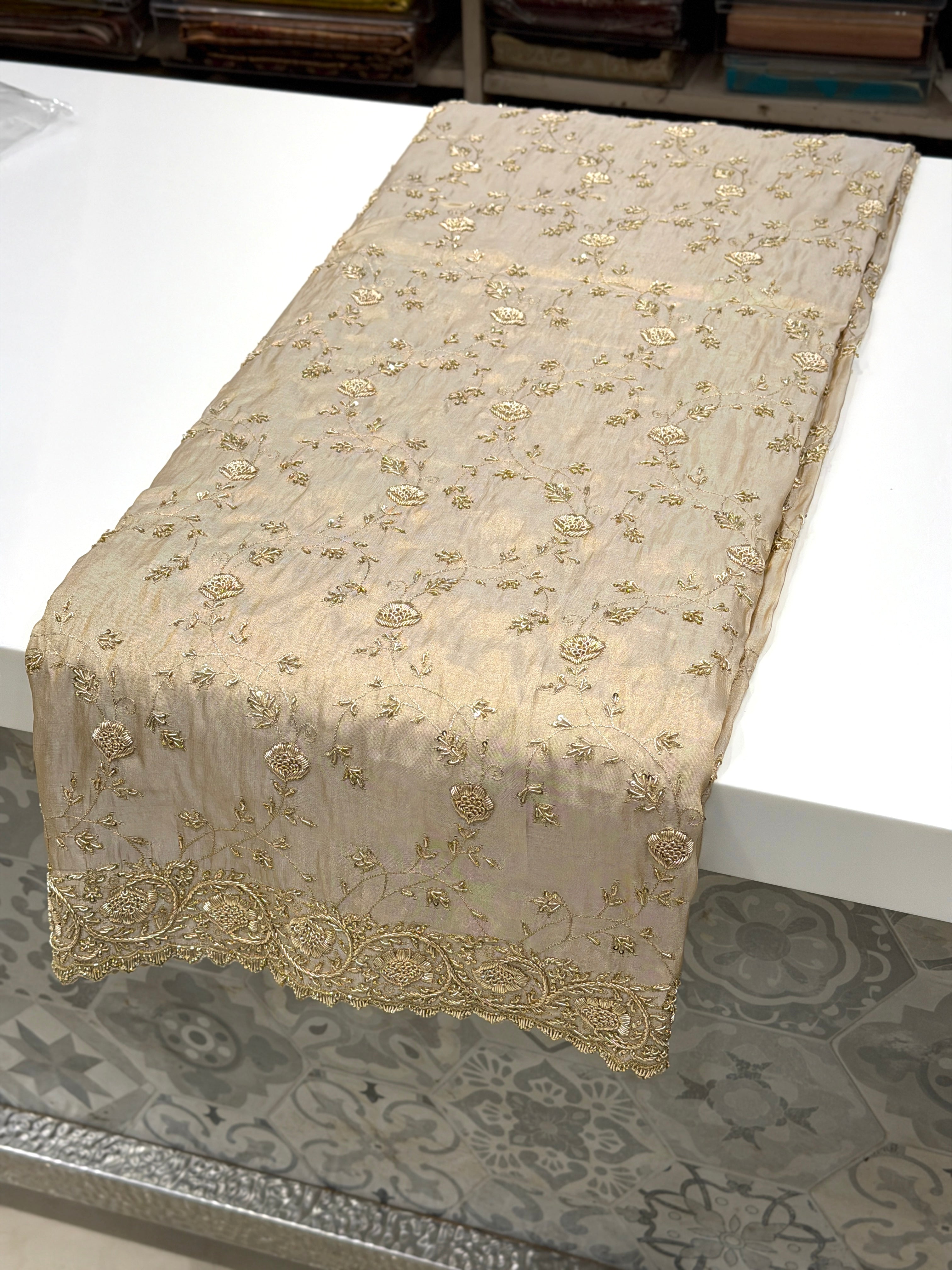Ivory Tissue Zardosi Floral Jaal Hand Embroidery Saree