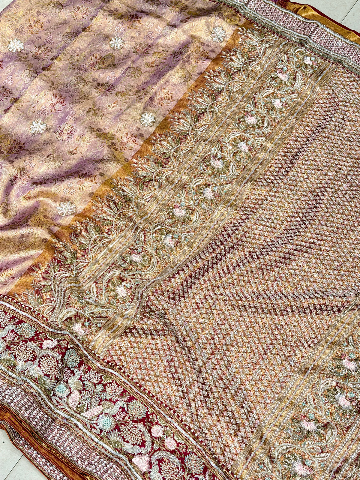 Light Pink Meenakari Jaal Kanjivaram Moti Zardosi Hand Embroidery Saree