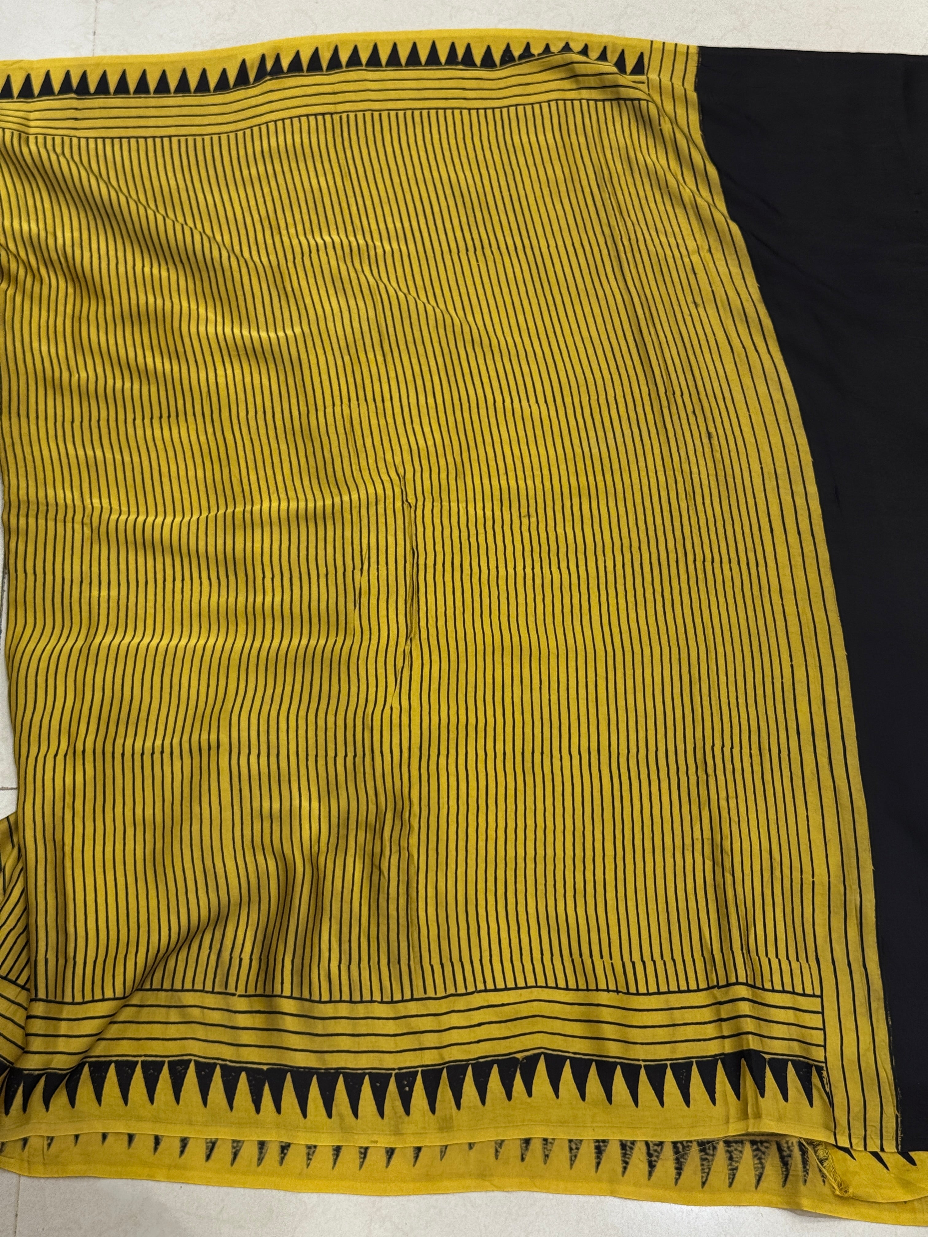Yellow Contemporary Moon Pallu Ajrakh Saree Modal Gajji Silk Hand Block Print