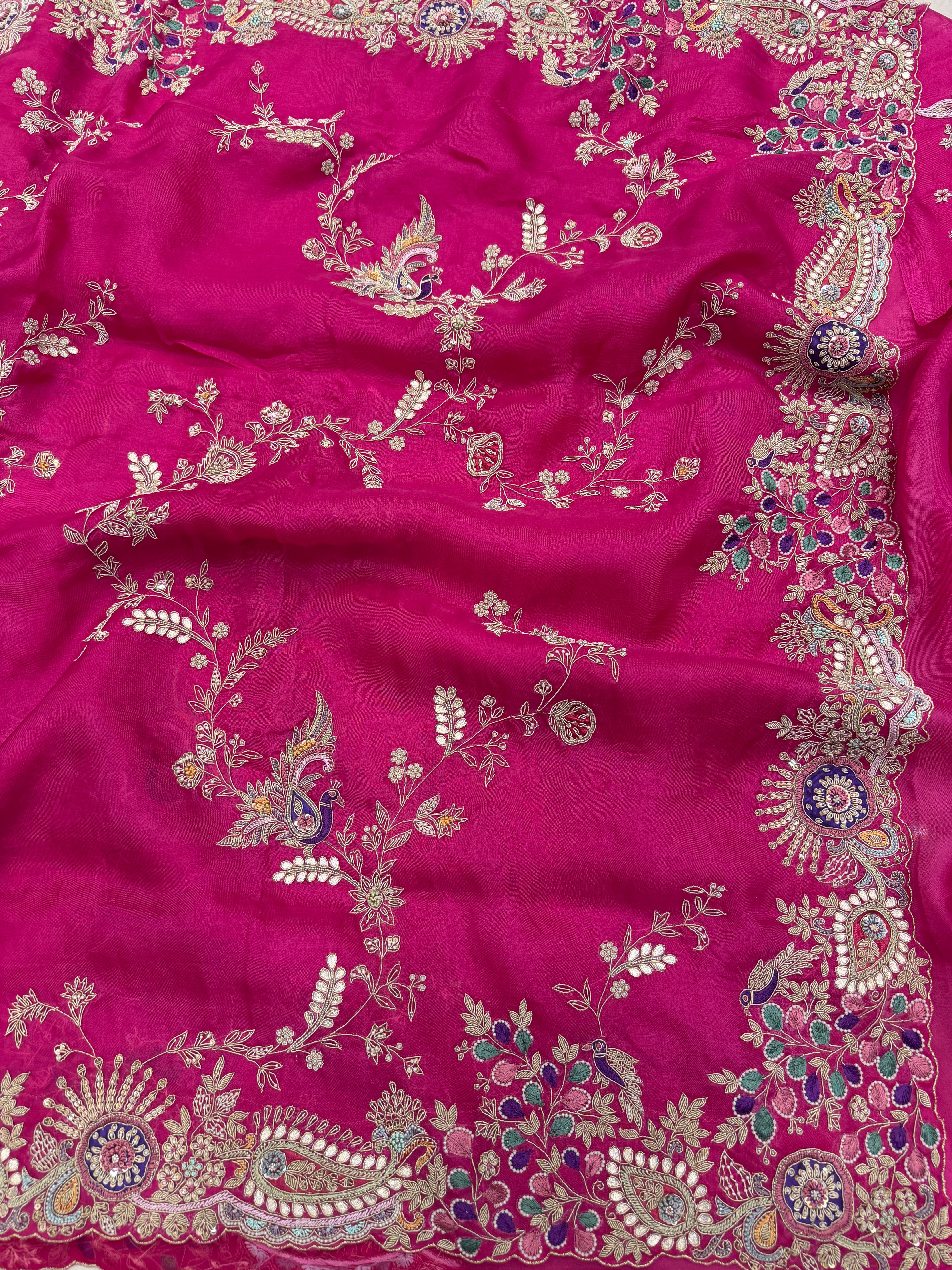 Rani Pink Organza Anamika Khanna Inspired Hand Embroidery Saree
