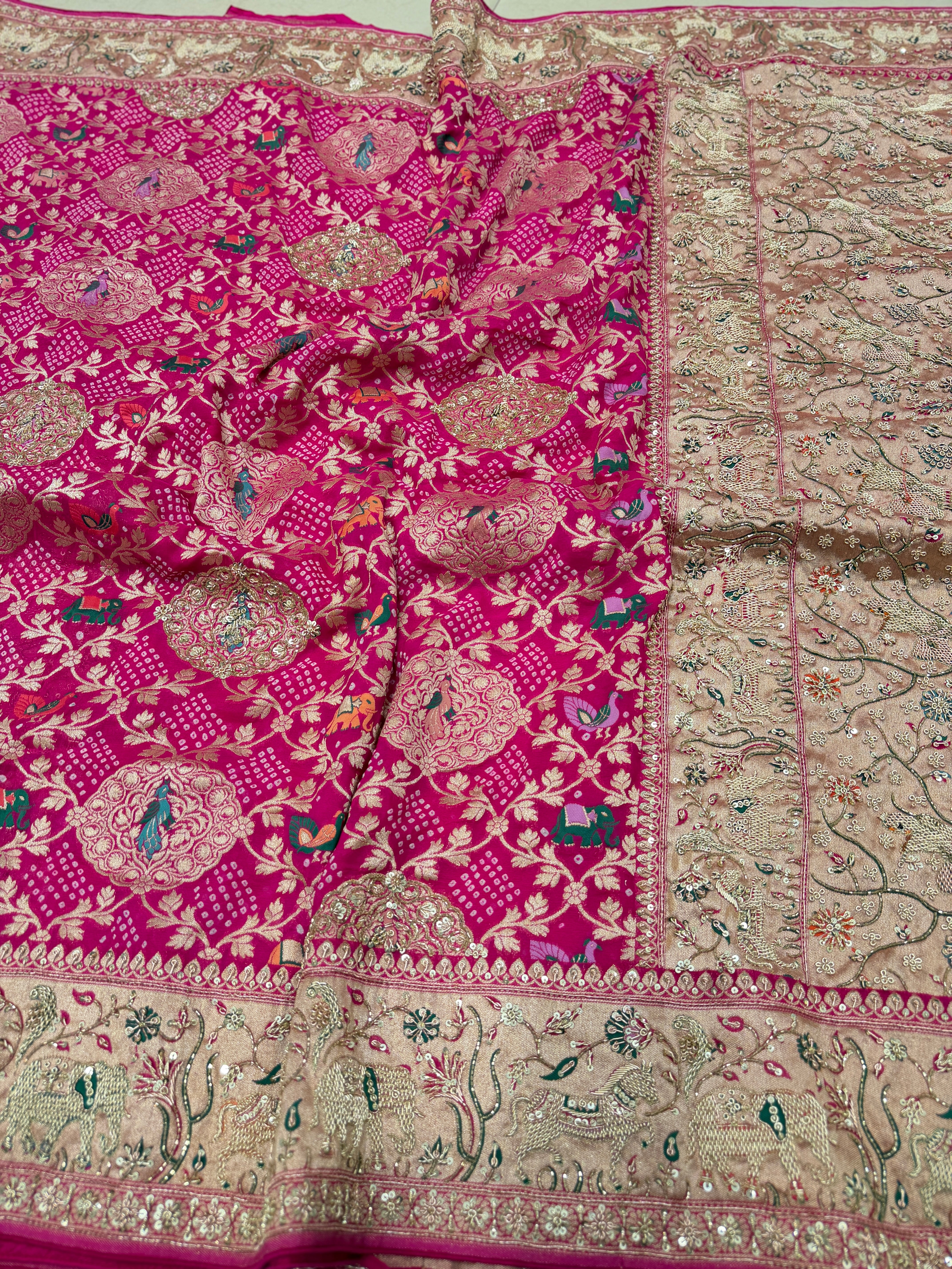 Rani Meenakari Rai Bandhej Saree Elephant Motif  Zardosi Hand Embroidery