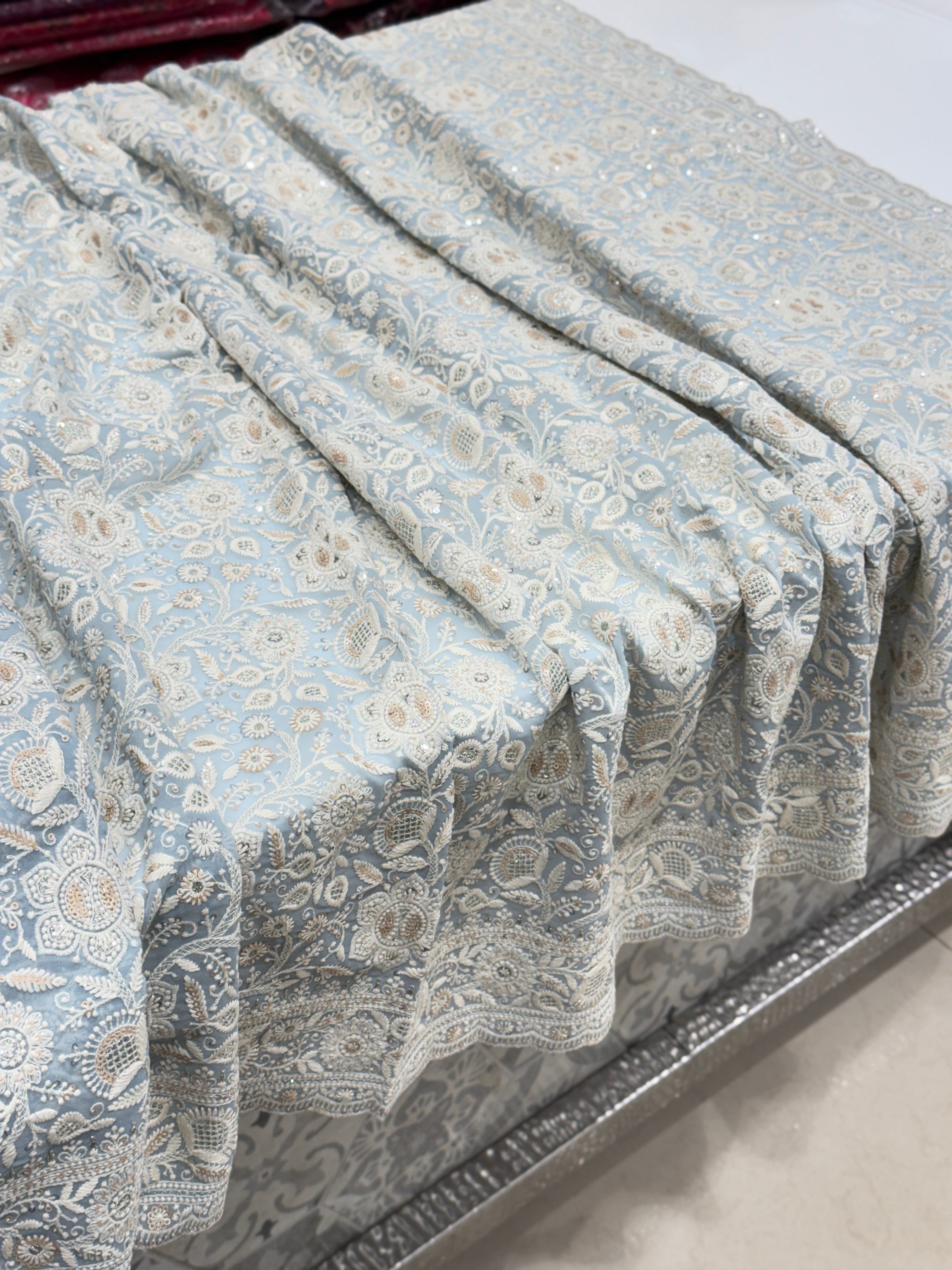 Powder Blue Chikankari Small Scallop Design Saree