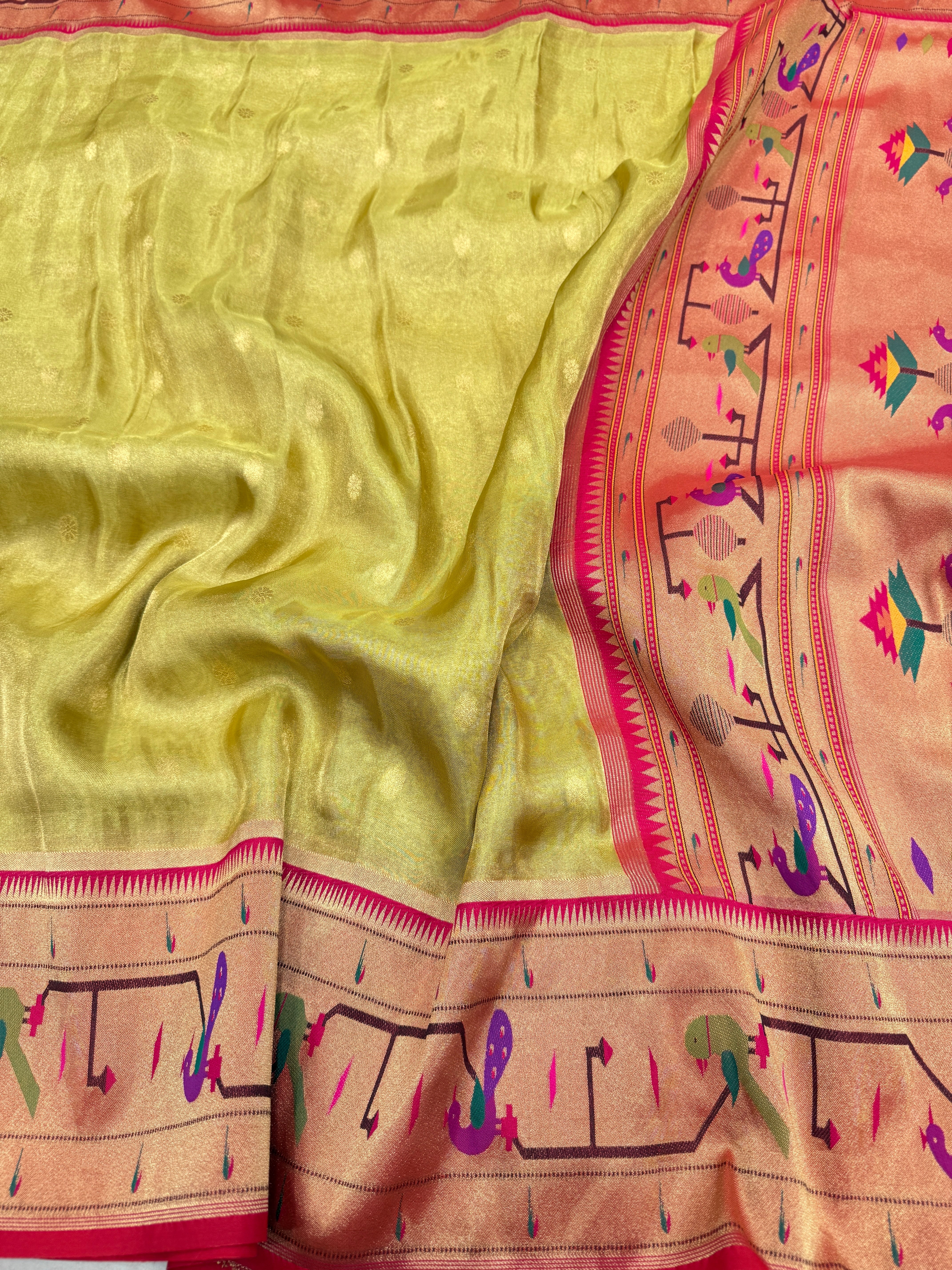 Neon Tissue Paithani Peacock Parrot Border Saree