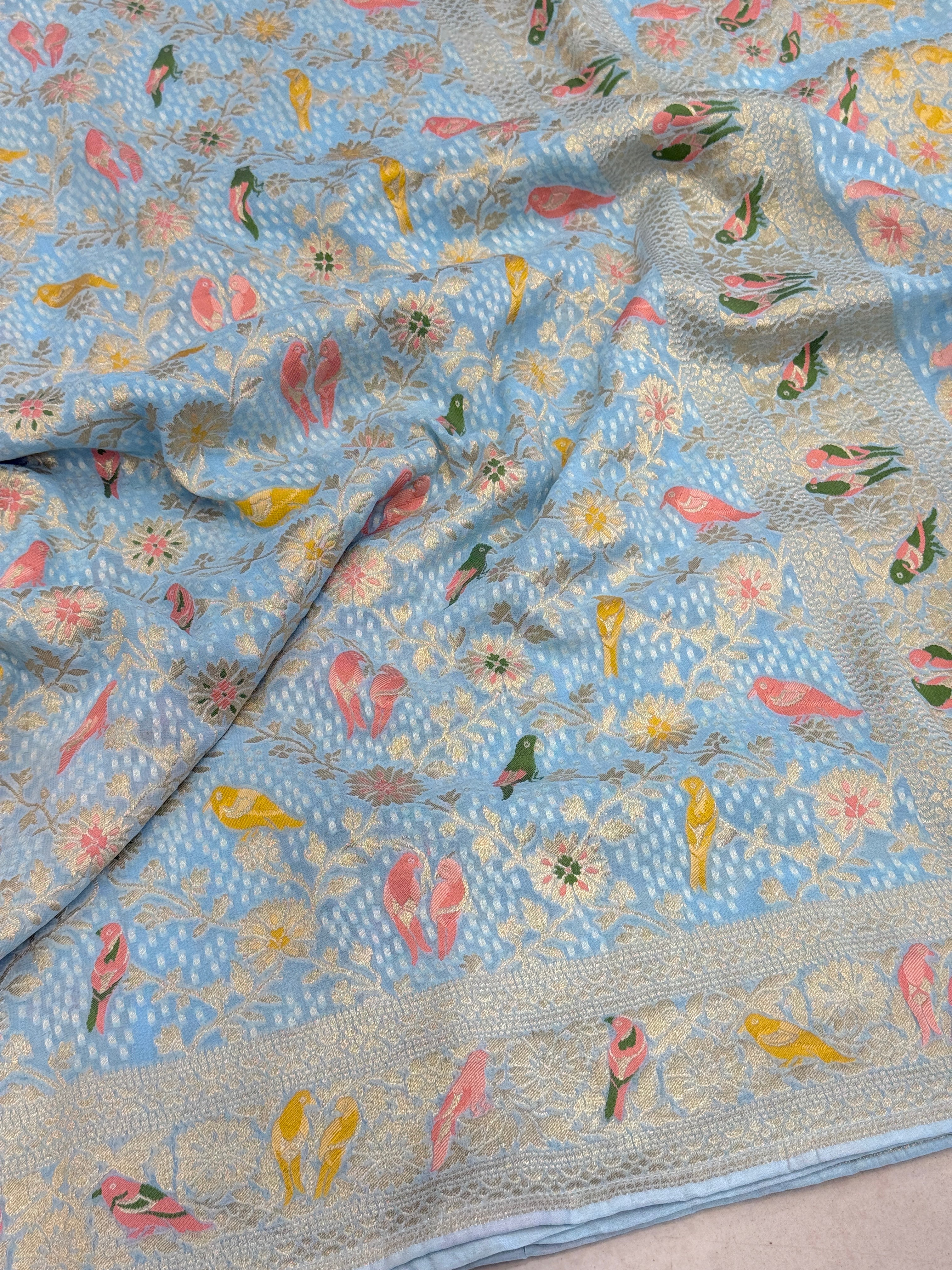 Light Blue Woven Bandhej Meenakari Parrot Motif Saree