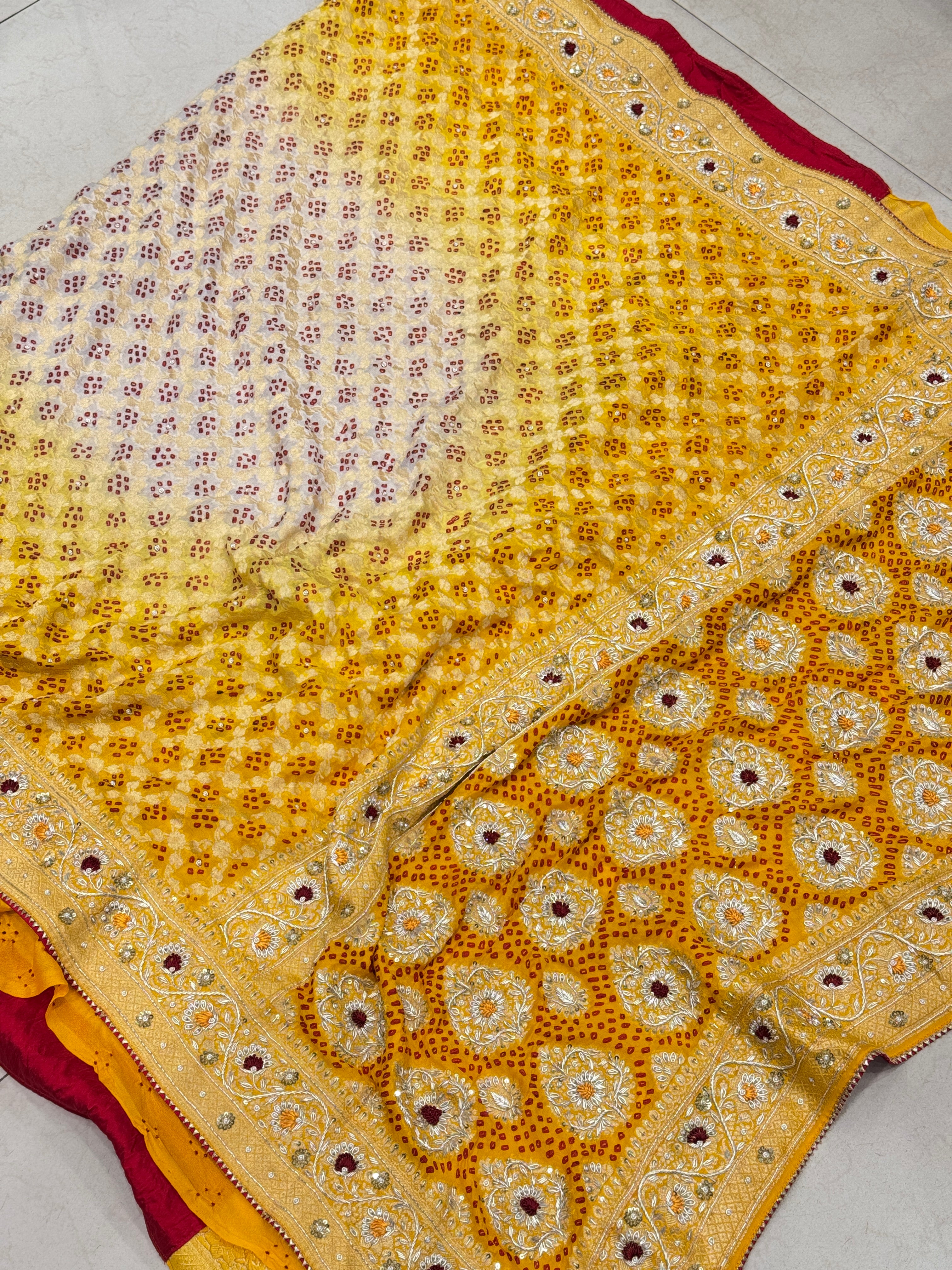 Yellow Bandhej Embroidery Saree