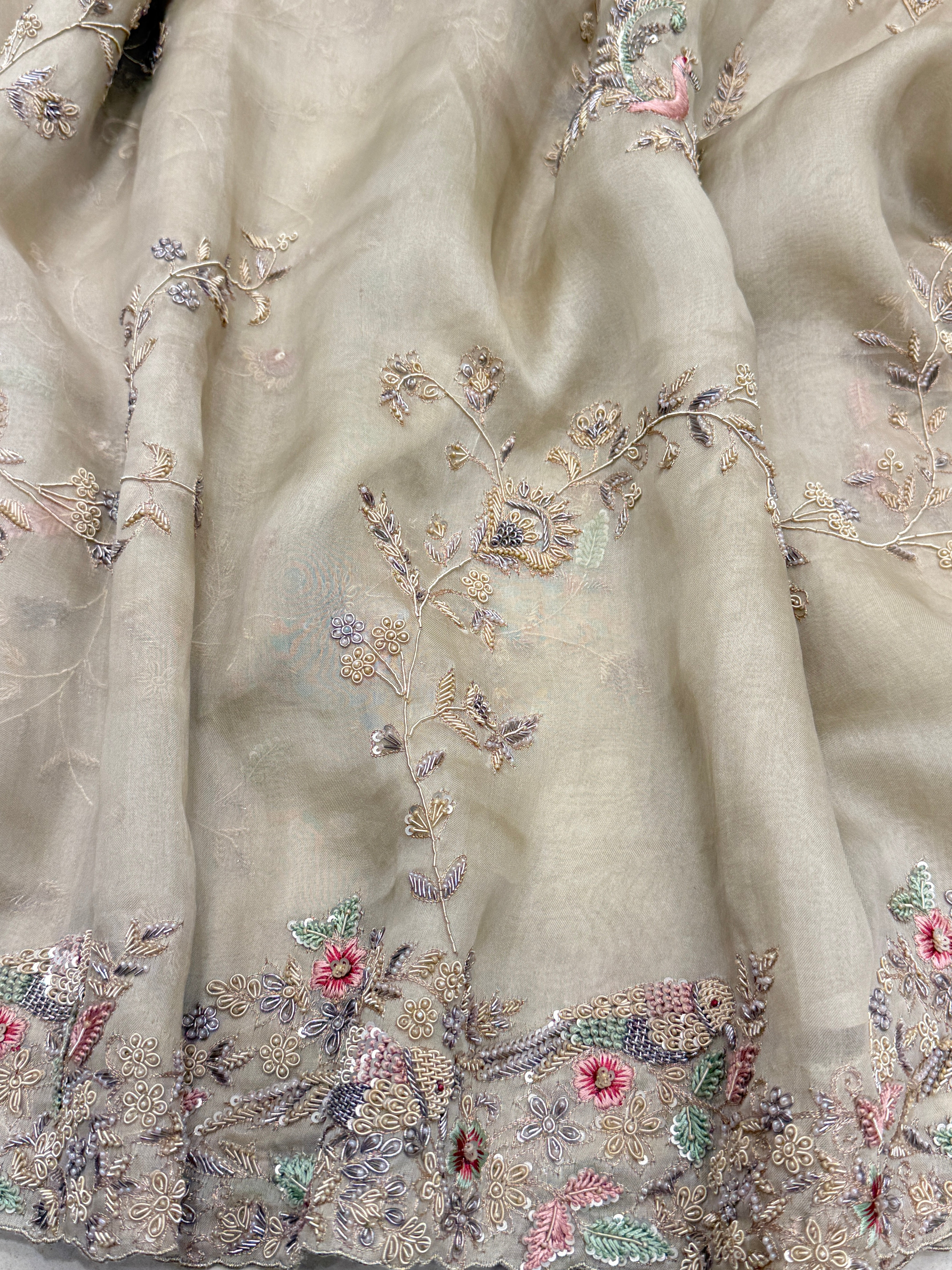 Pearl white Organza Zardosi Jaal Hand Embroidery Saree