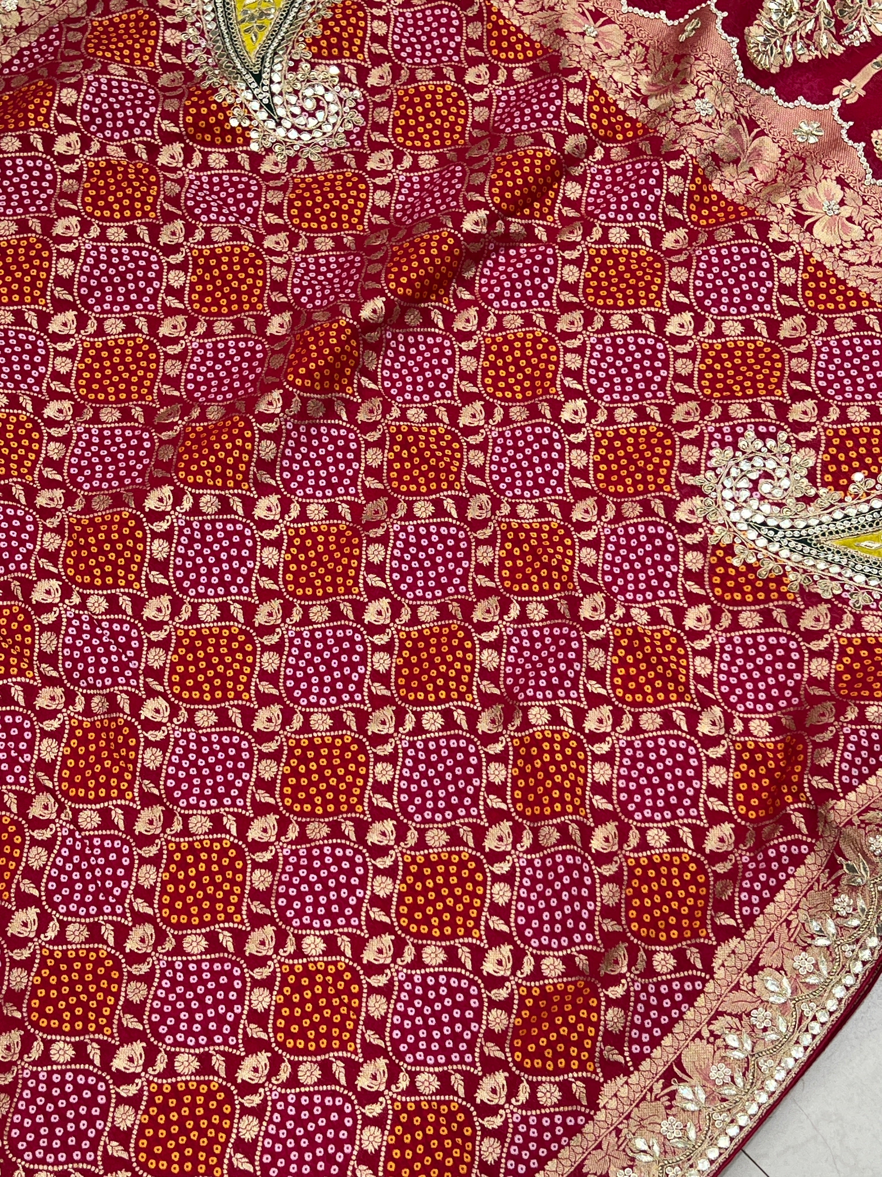Rani Woven Bandhej Gotapatti Patch Hand Embroidery Saree