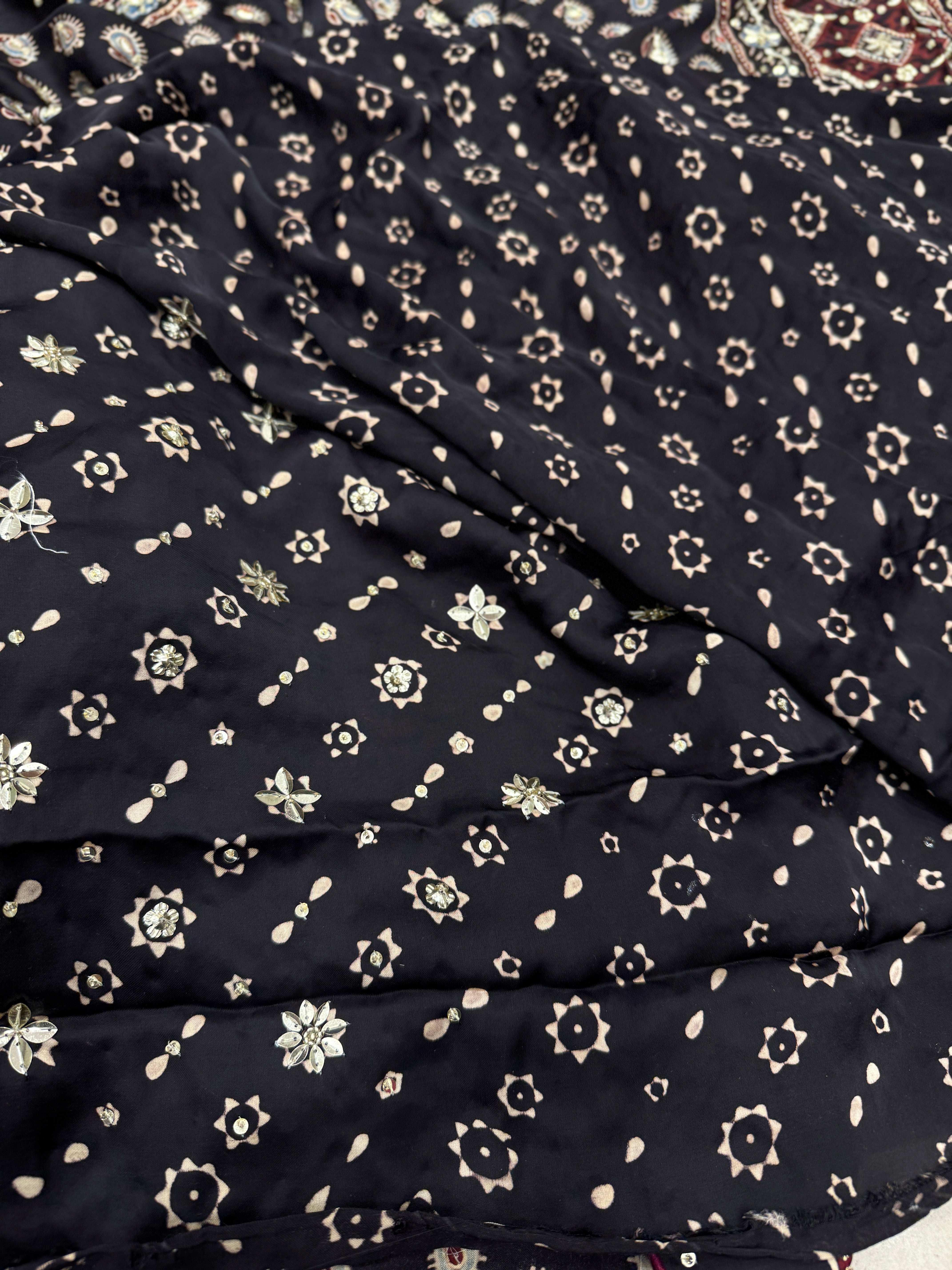 Black Buttis Ajrakh Hand Embroidery Sequin Saree