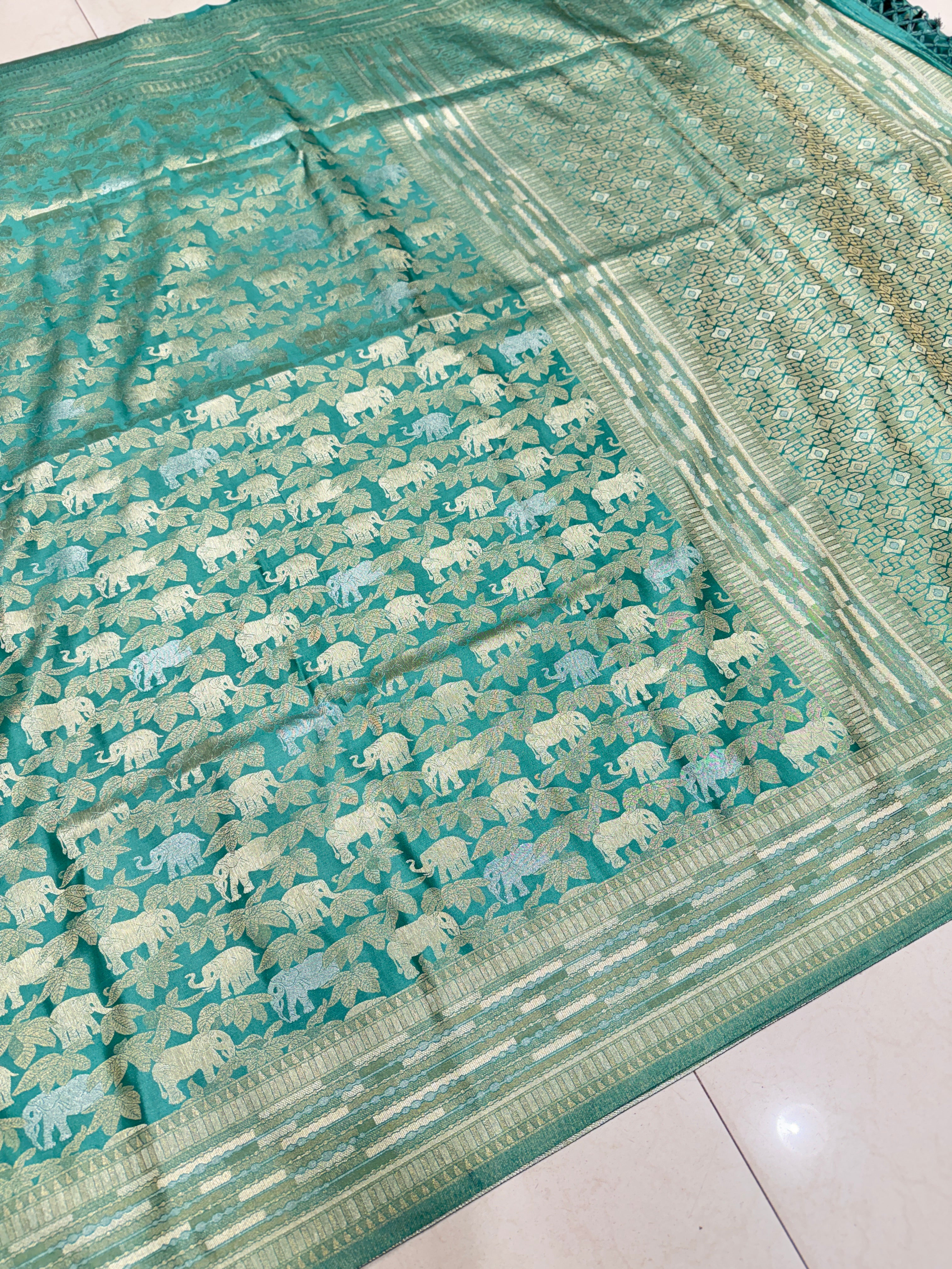 Sage Green Banarasi Soft Silk Semi Elephant Motif Saree