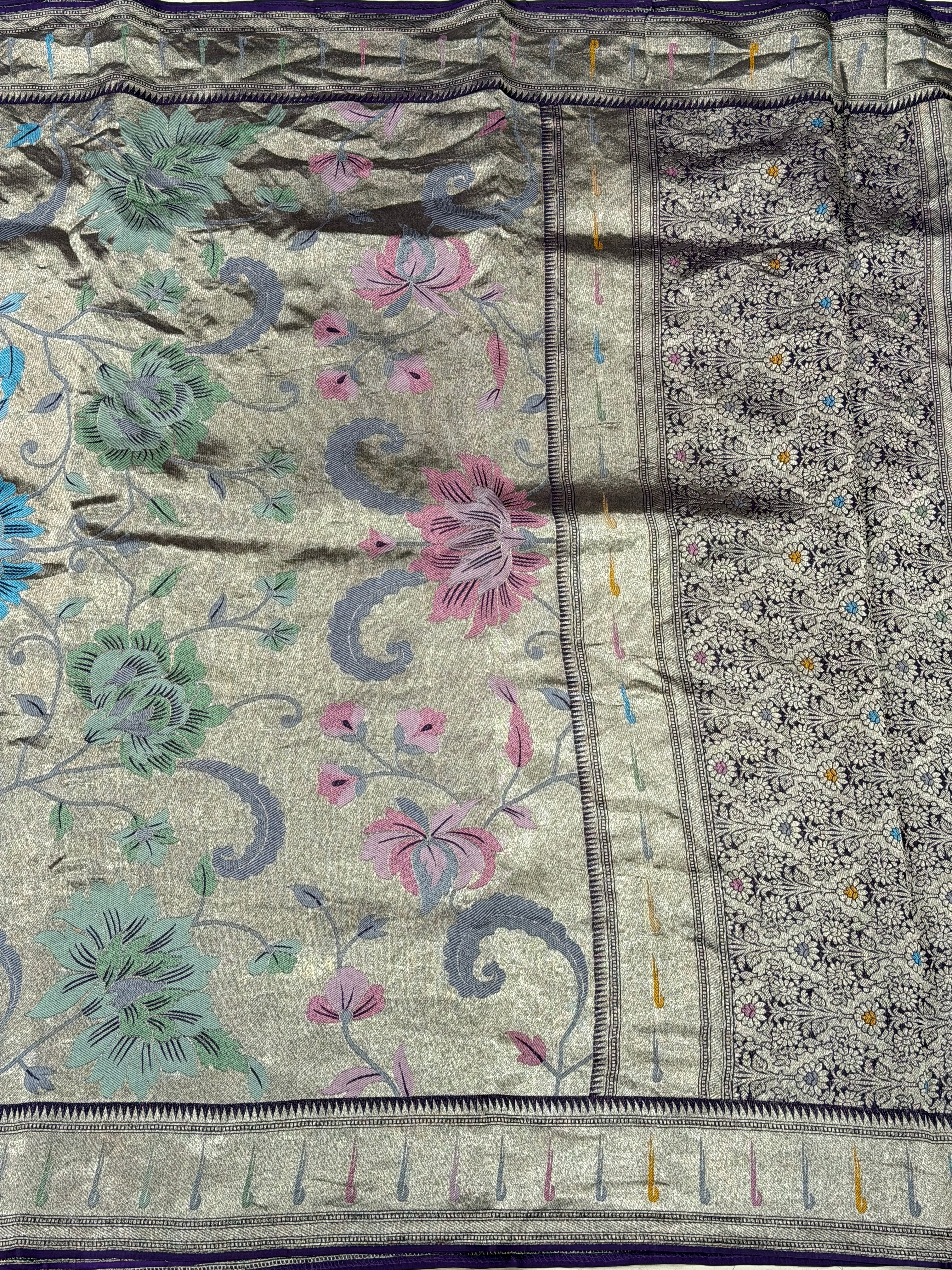 Violet Silver Meenakari Muniya Tissue Munga Banarasi Paithani Saree