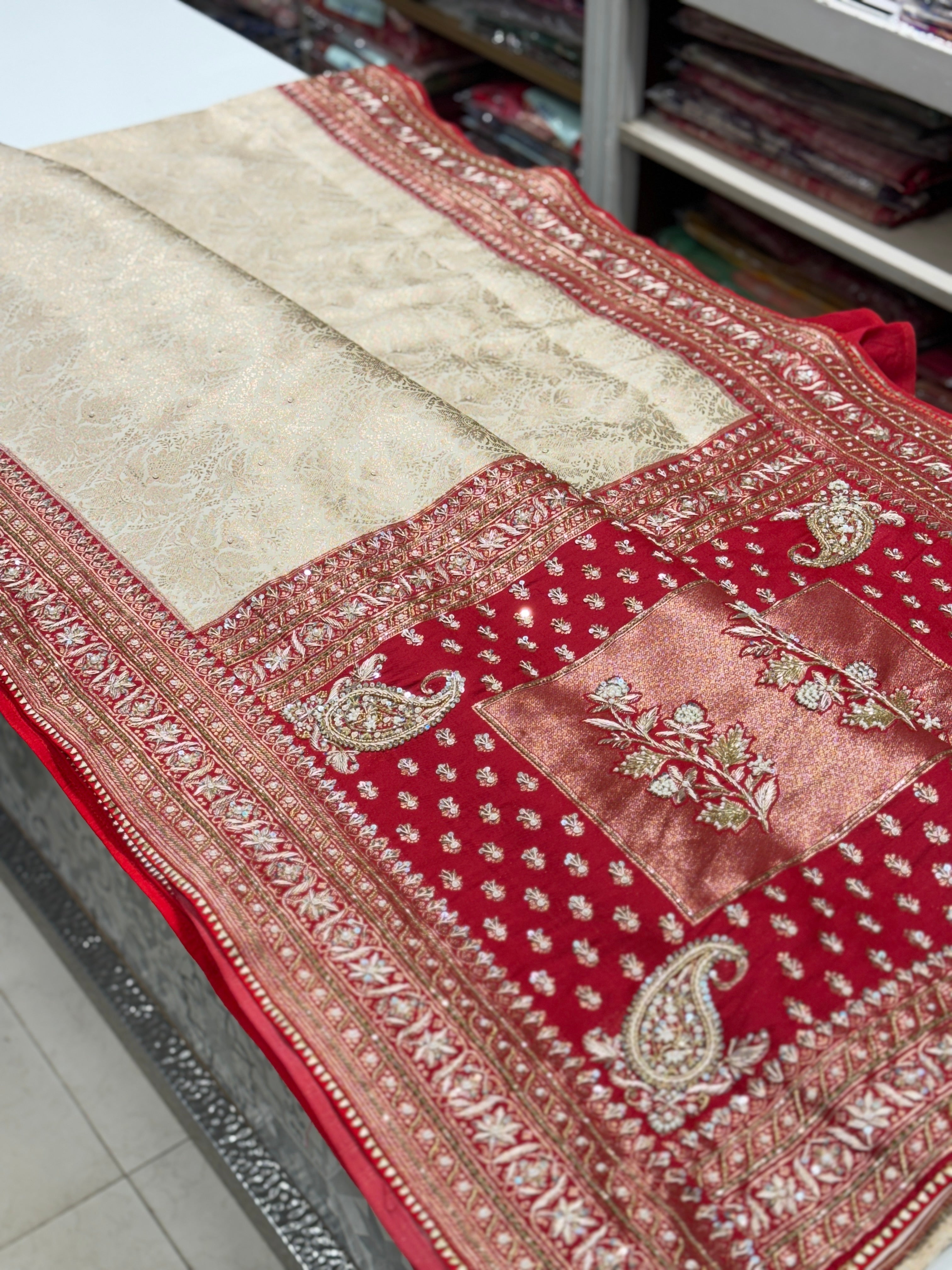 Moti White x Red Banarasi Hand Embroidery Saree