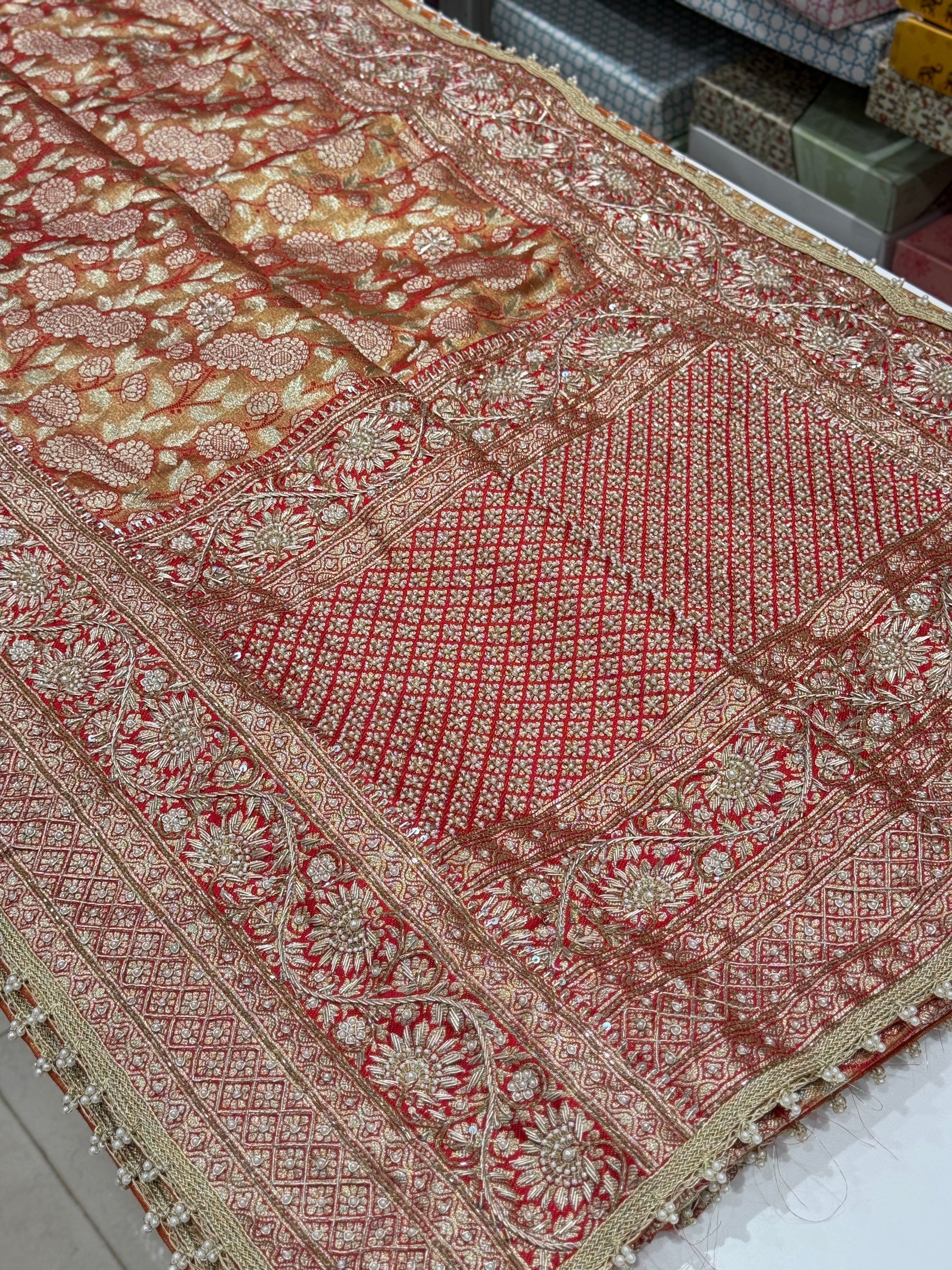Red Tissue Kanjivaram Zardosi Embroidery Saree