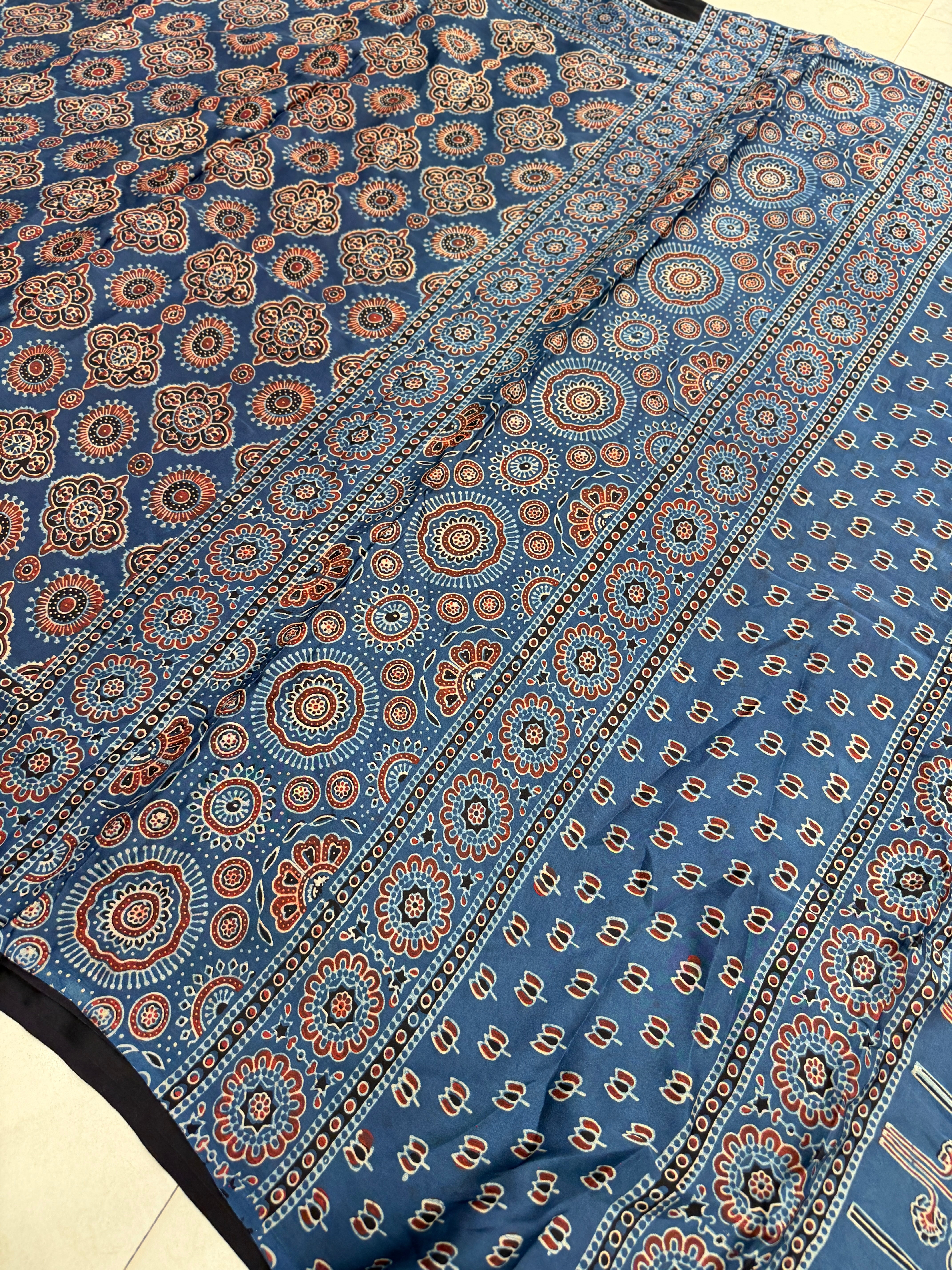 Blue Badam Jaal Ajrakh Hand Block Print Pure Gajji Silk Saree