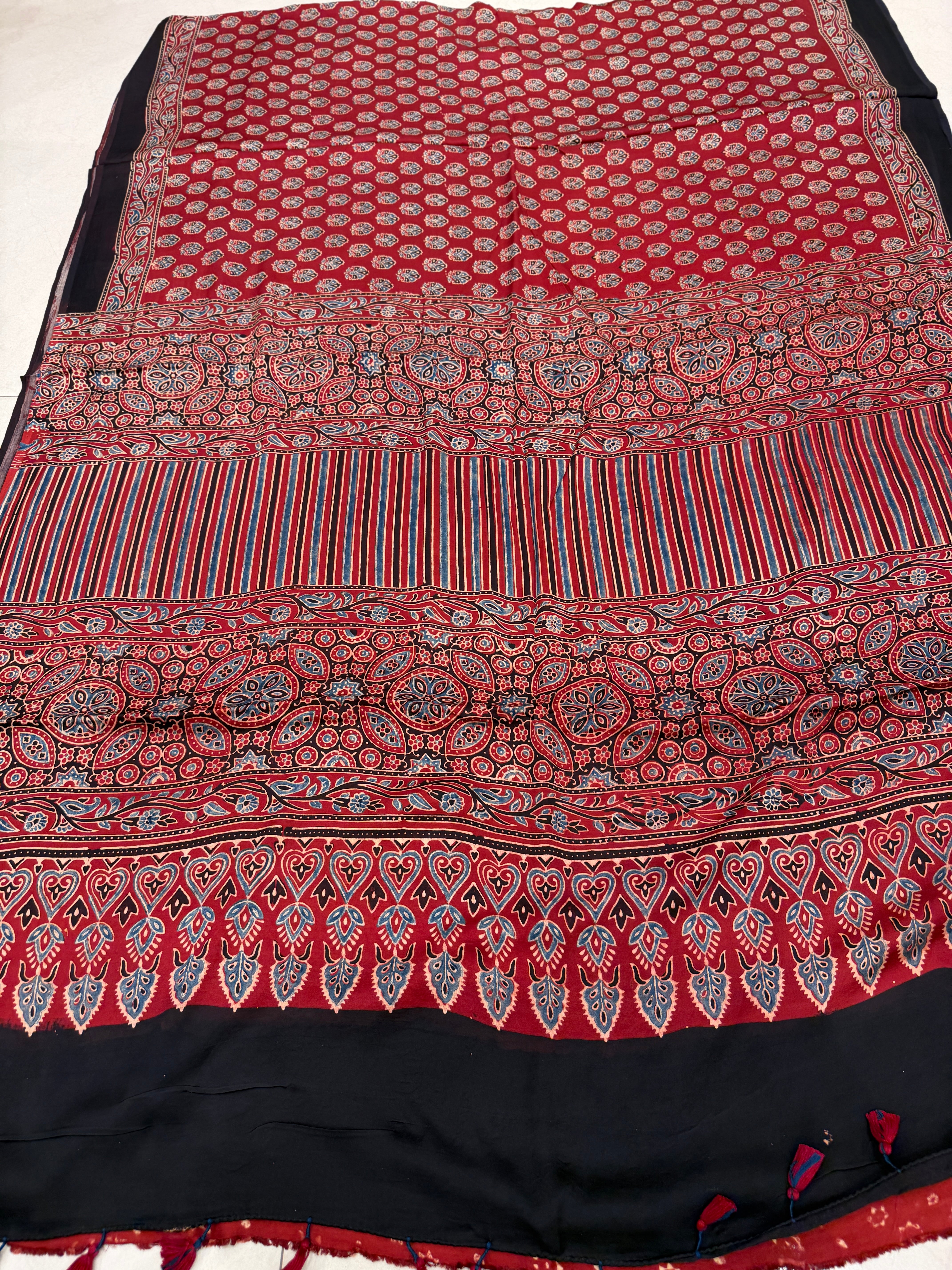 Red Keri Buttas Ajrakh Block Print Hand Pure Gajji Silk Saree