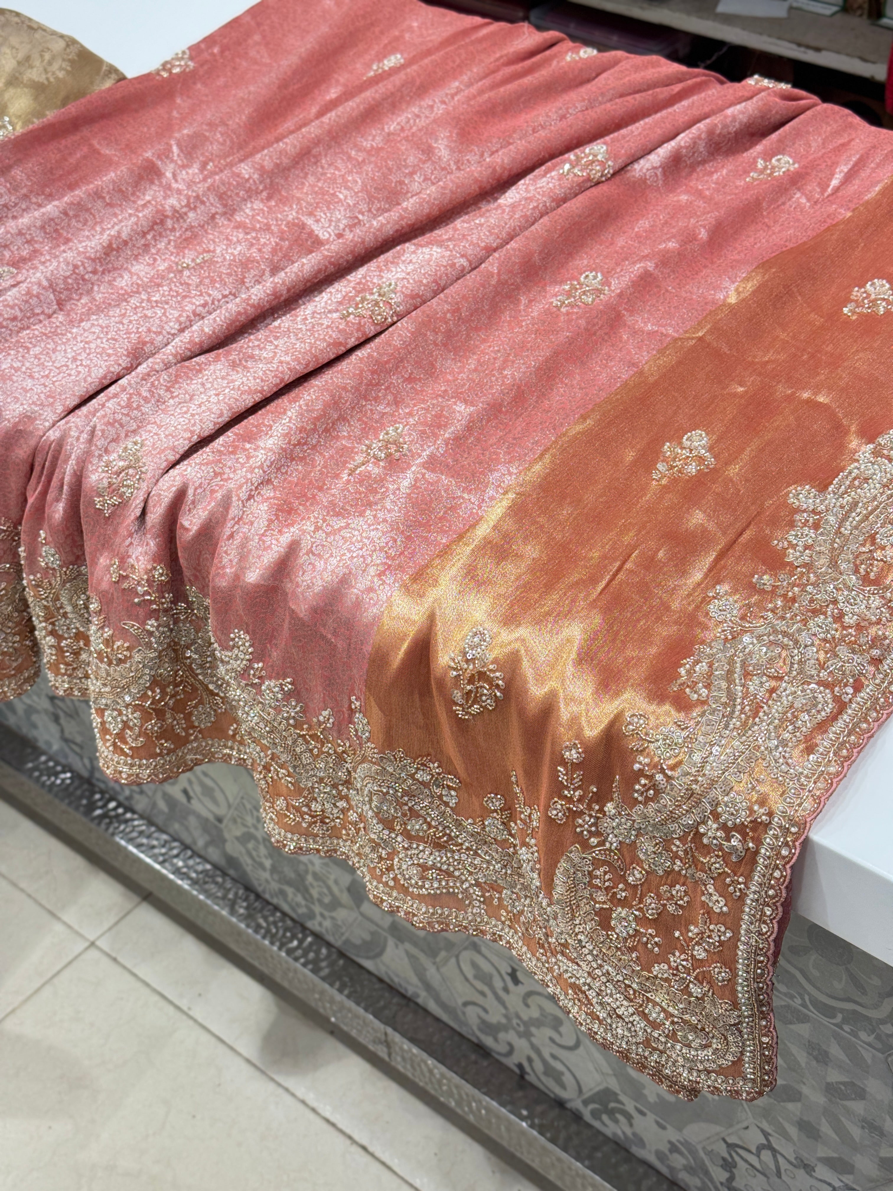 Pink Soft Silk Crystal Moti Embroidered Saree