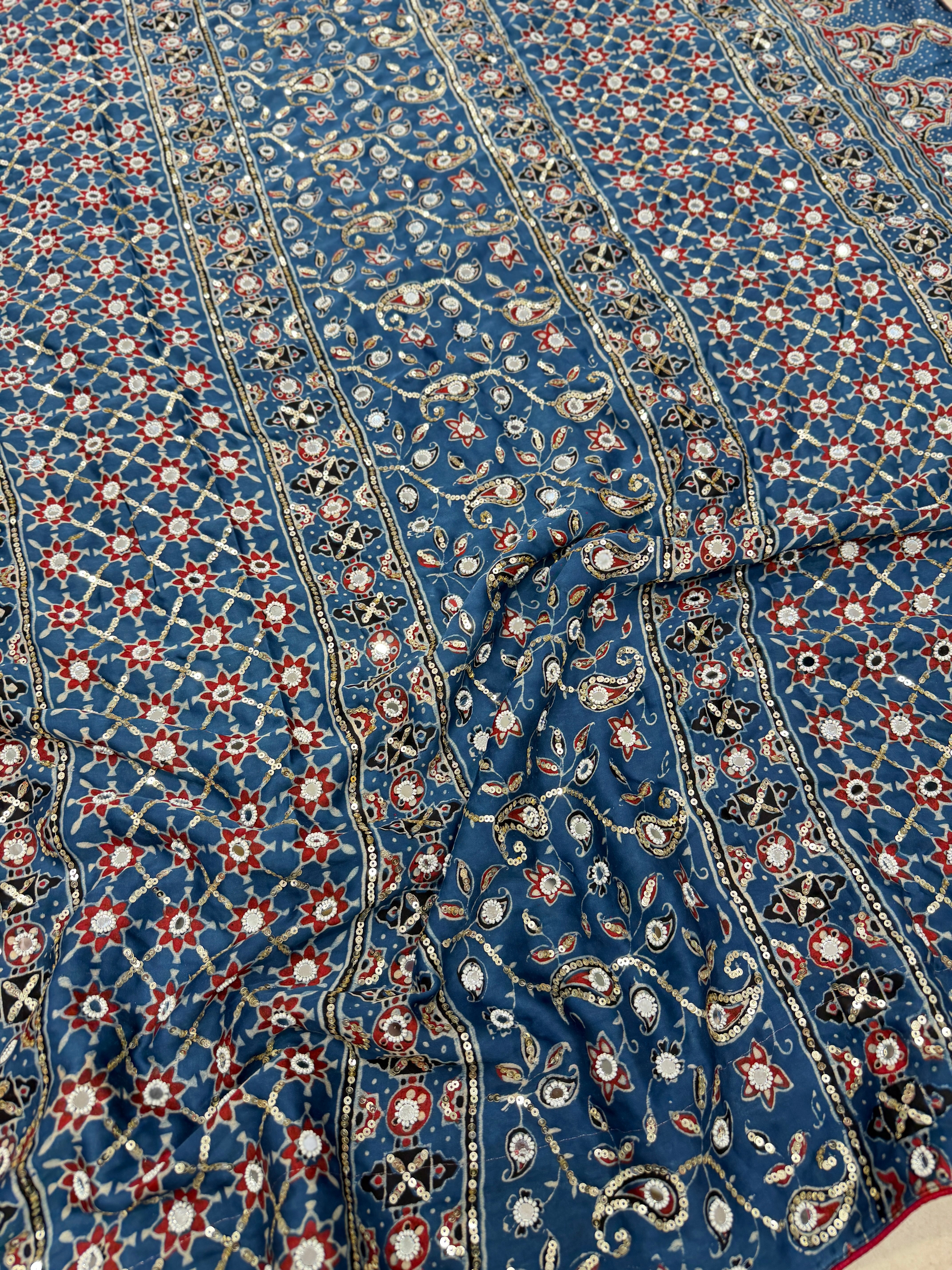 Red Blue Jaal Ajrakh Real Mirror Moti Sequin Hand Embroidery Saree