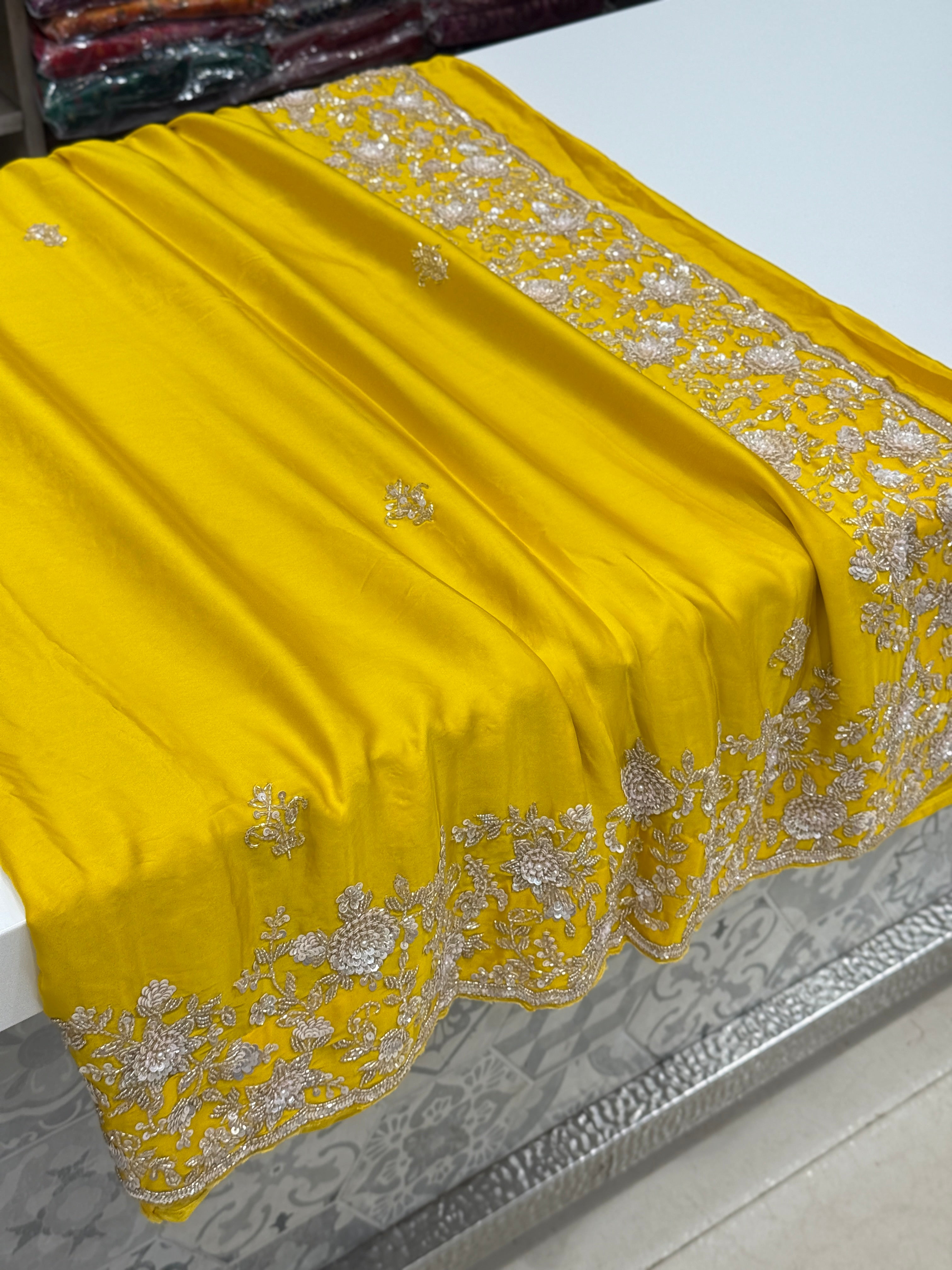 Yellow Satin Silk Hand Embroidery Moti Cutdana Saree