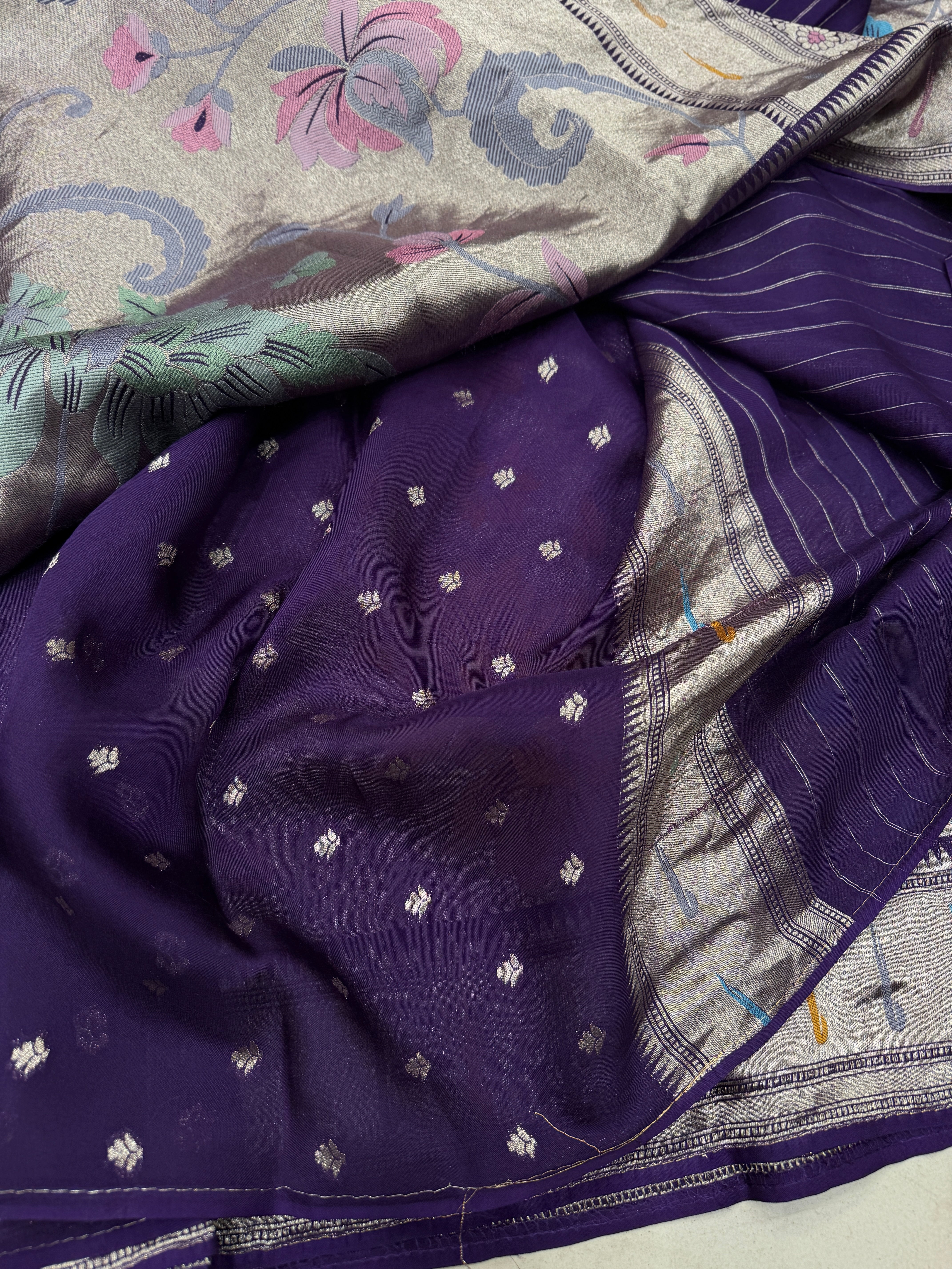 Violet Silver Meenakari Muniya Tissue Munga Banarasi Paithani Saree