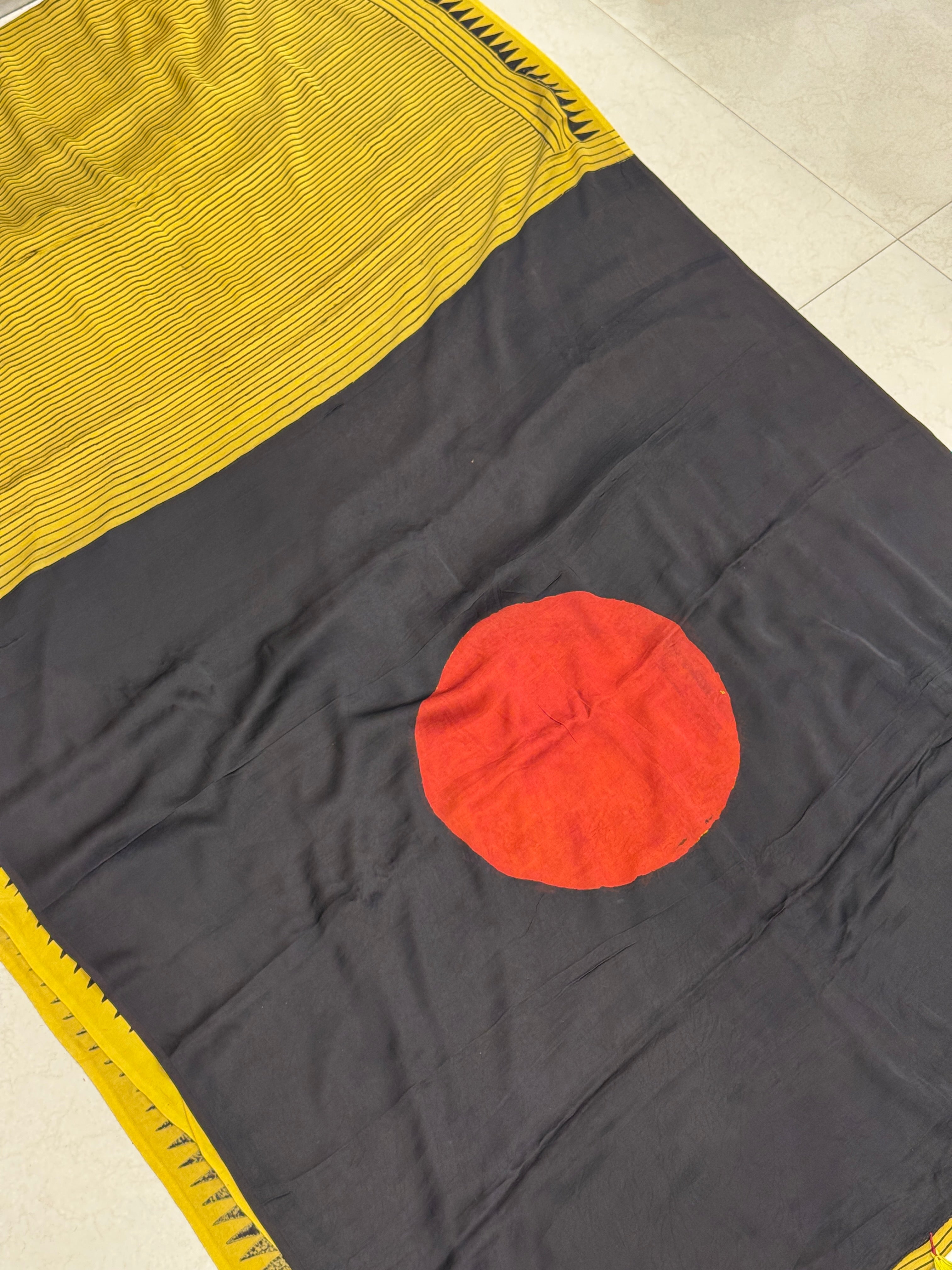 Yellow Contemporary Moon Pallu Ajrakh Saree Modal Gajji Silk Hand Block Print