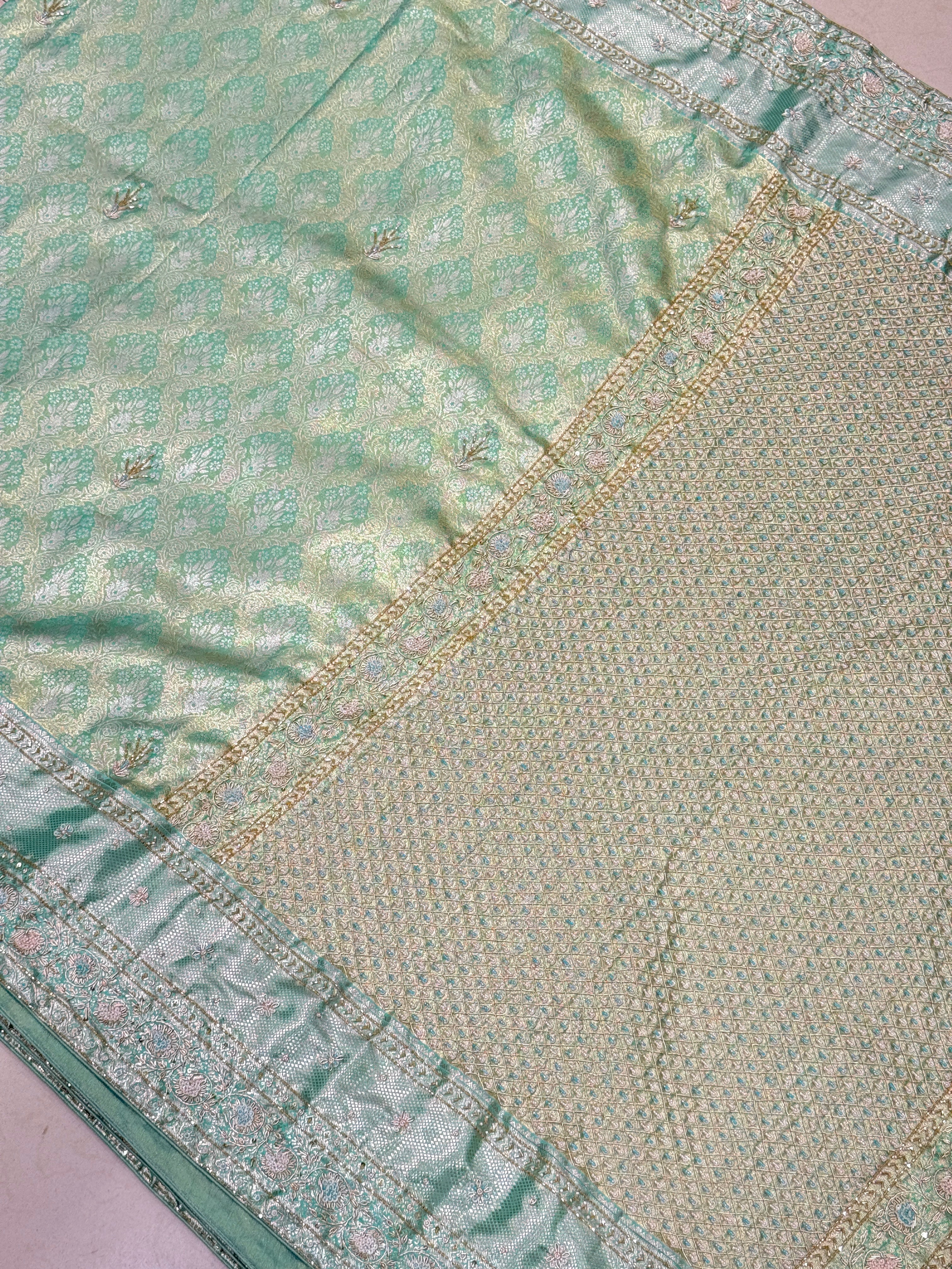Pista Green Tissue Kanjivaram Hand Embroidery Saree