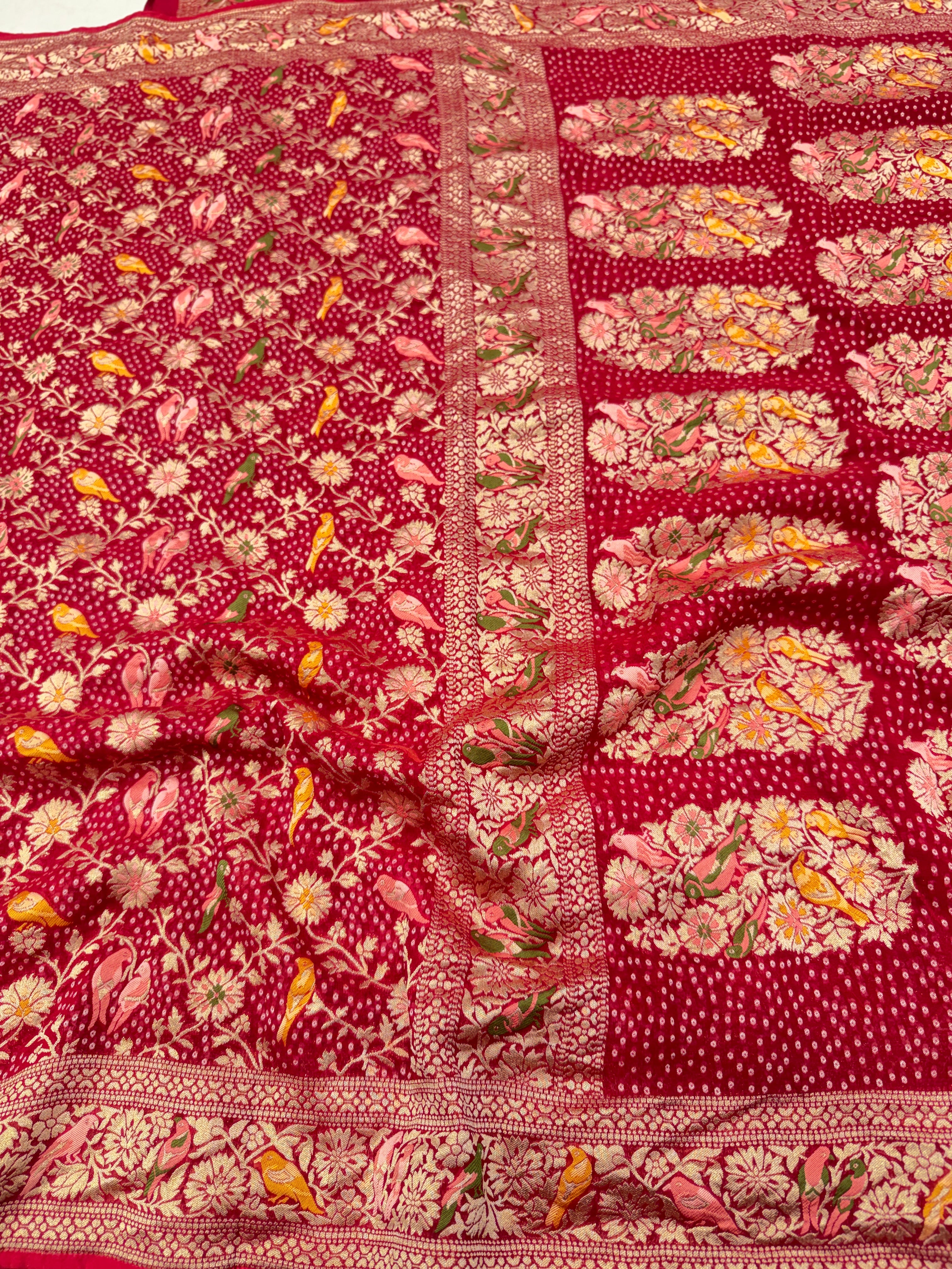 Red Woven Bandhej Meenakari Parrot Motif Saree
